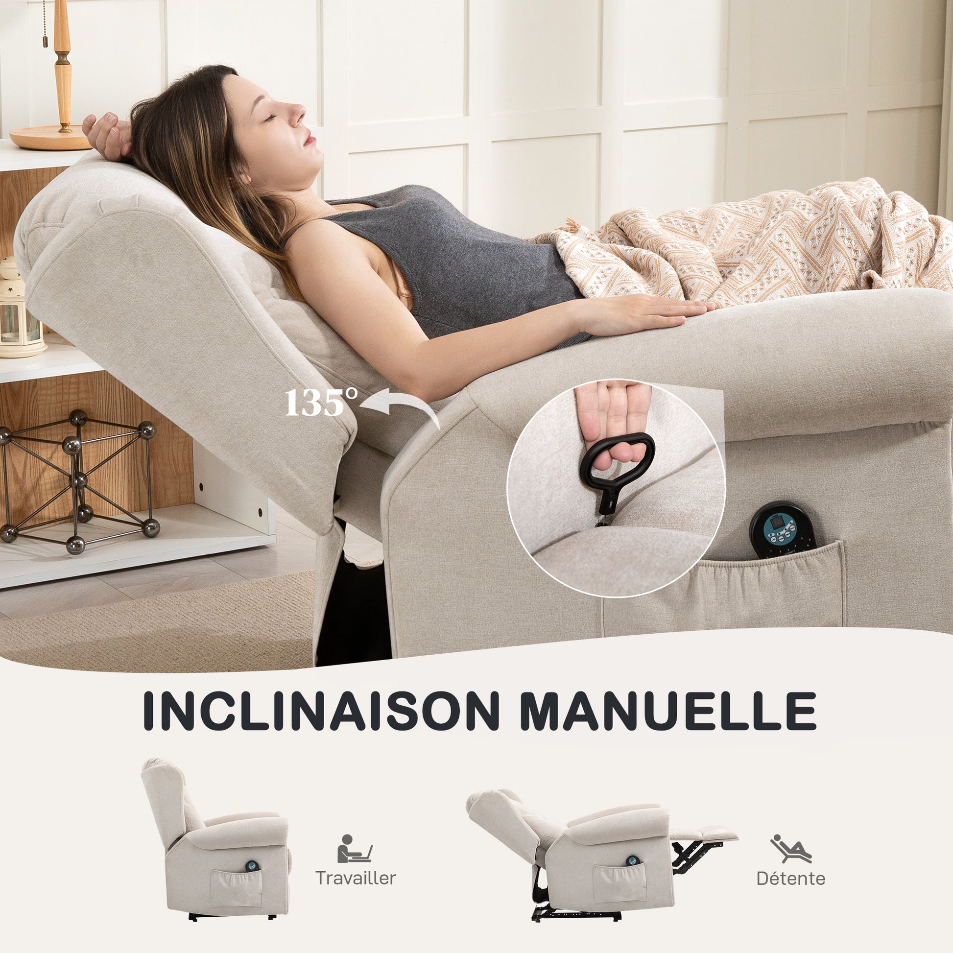 Electric Massage and Heating Recliner Chair, Reclining Armchair with Adjustable Back and Footrest Manually, Side Pocket, Linen-look Fabric, for Bedroom, Living Room, and Home Cinema, Beige