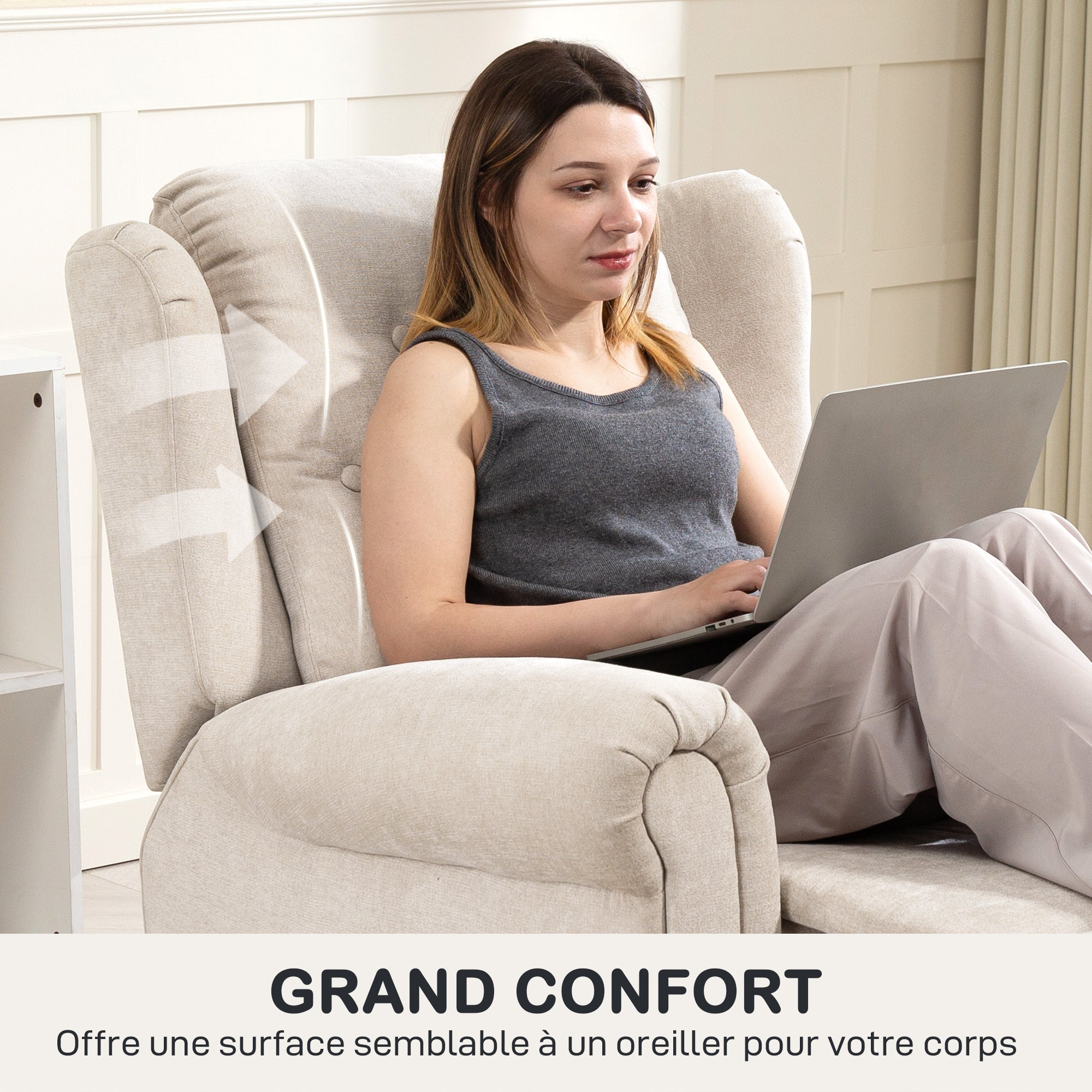 Electric Massage and Heating Recliner Chair, Reclining Armchair with Adjustable Back and Footrest Manually, Side Pocket, Linen-look Fabric, for Bedroom, Living Room, and Home Cinema, Beige