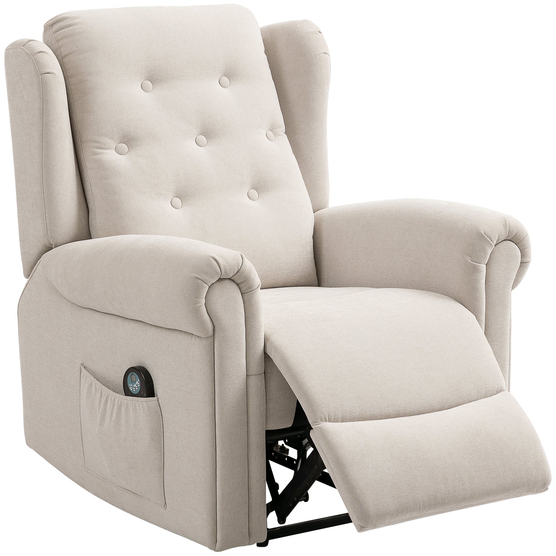 Electric Massage and Heating Recliner Chair, Reclining Armchair with Adjustable Back and Footrest Manually, Side Pocket, Linen-look Fabric, for Bedroom, Living Room, and Home Cinema, Beige