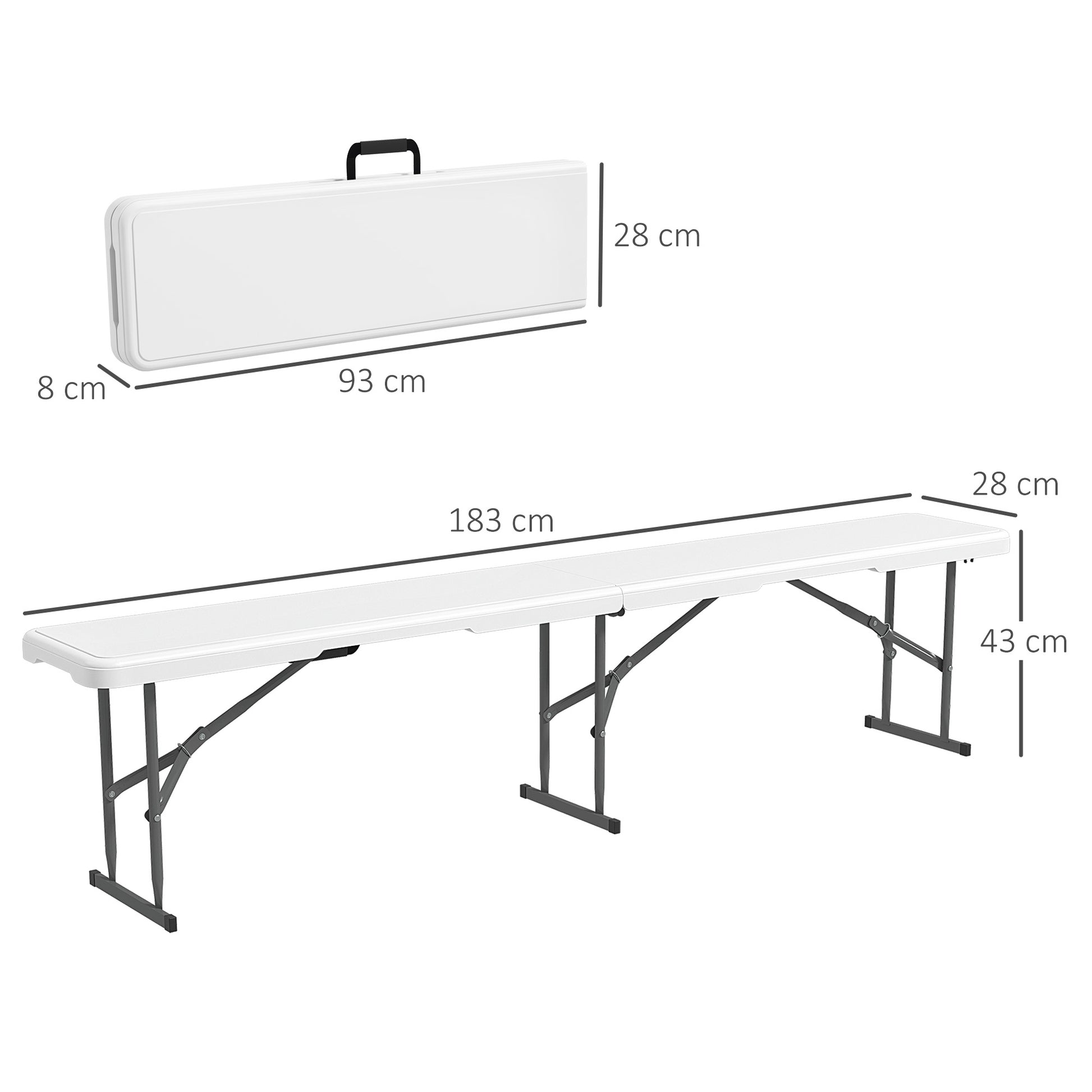 Folding Garden Bench 3-Seater Outdoor Bench with Steel Frame Load 360 kg for Patio Terrace Balcony Camping 183x28x43 cm White