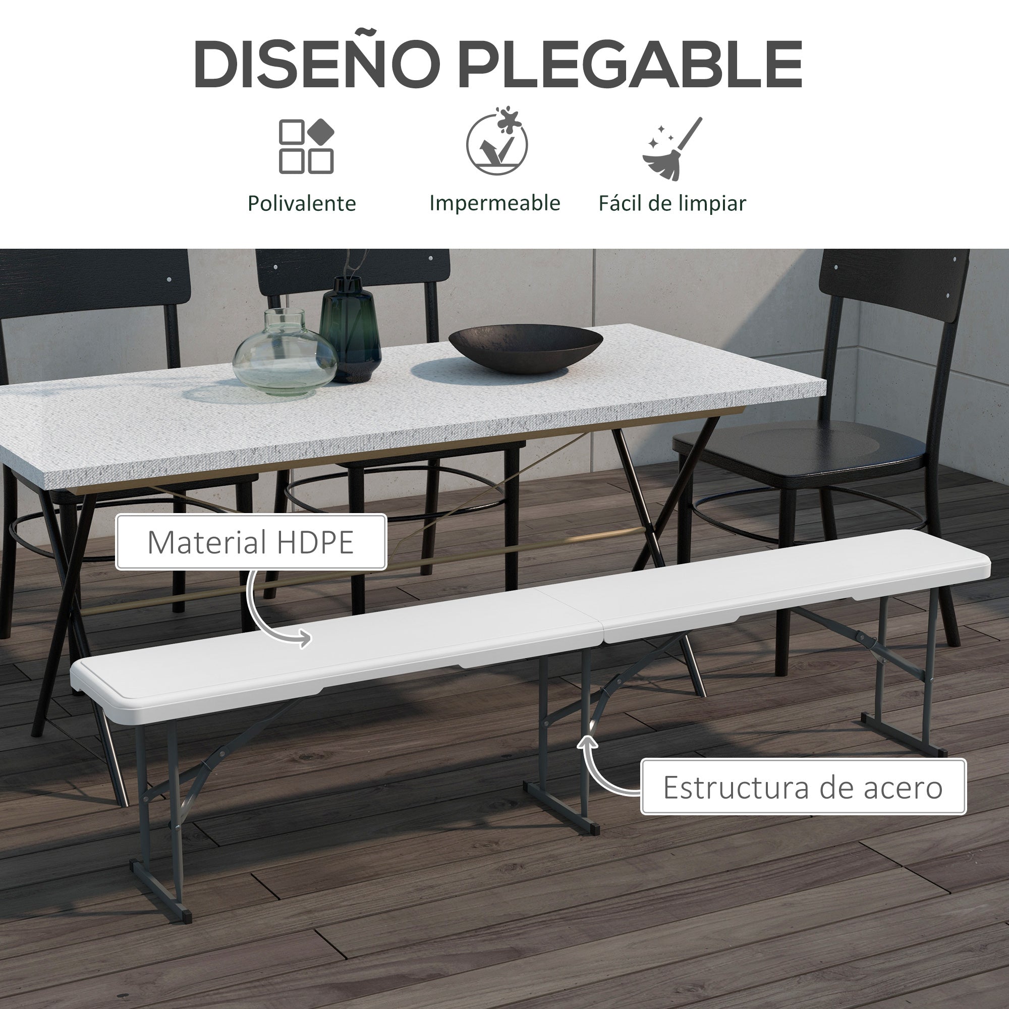 Folding Garden Bench 3-Seater Outdoor Bench with Steel Frame Load 360 kg for Patio Terrace Balcony Camping 183x28x43 cm White