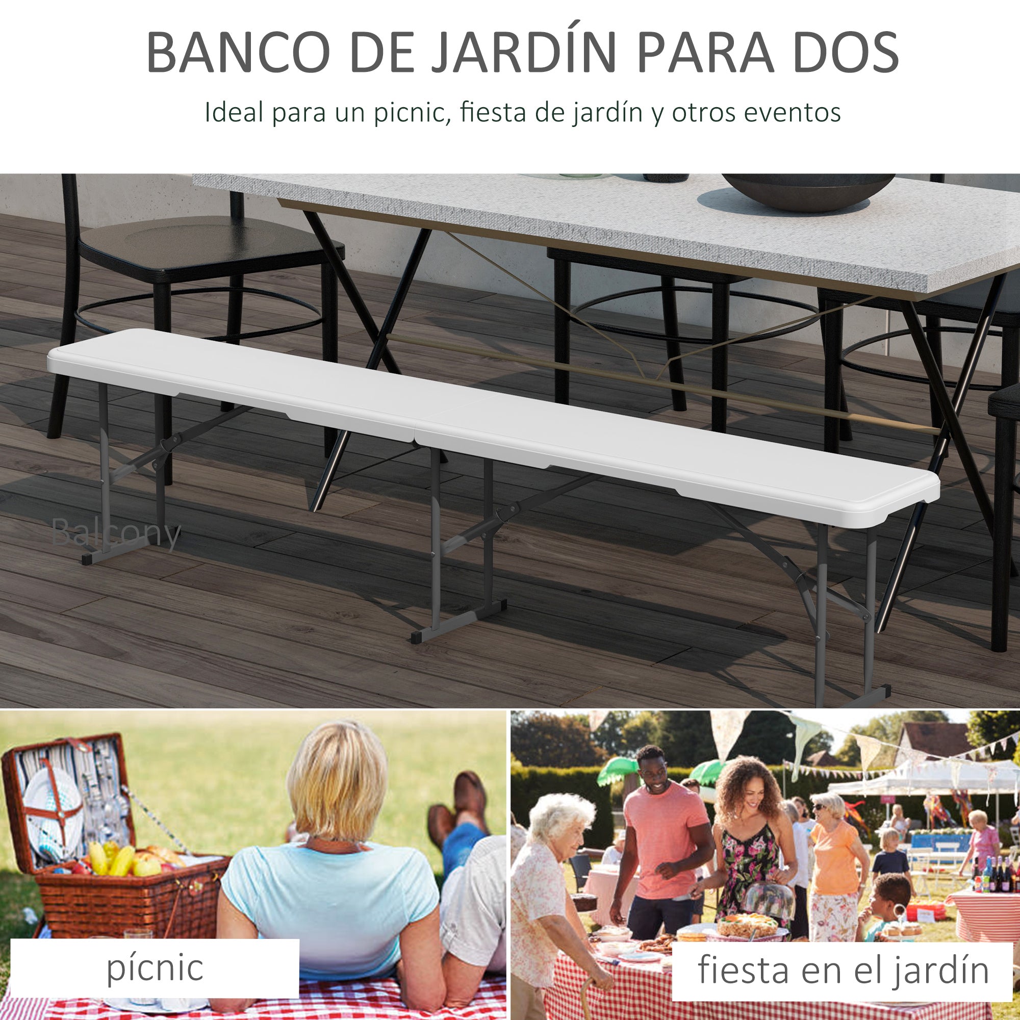 Folding Garden Bench 3-Seater Outdoor Bench with Steel Frame Load 360 kg for Patio Terrace Balcony Camping 183x28x43 cm White