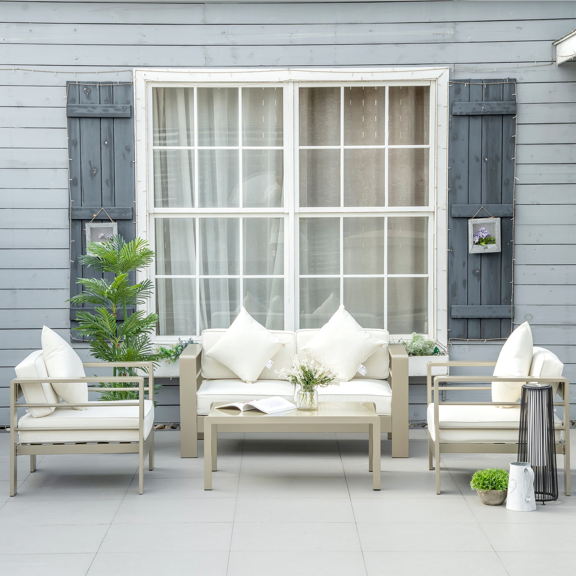 4 Piece Garden Lounge Set with Loveseat, 2 Armchairs, and Glass Top Coffee Table, Removable Padded Cushions, Gold