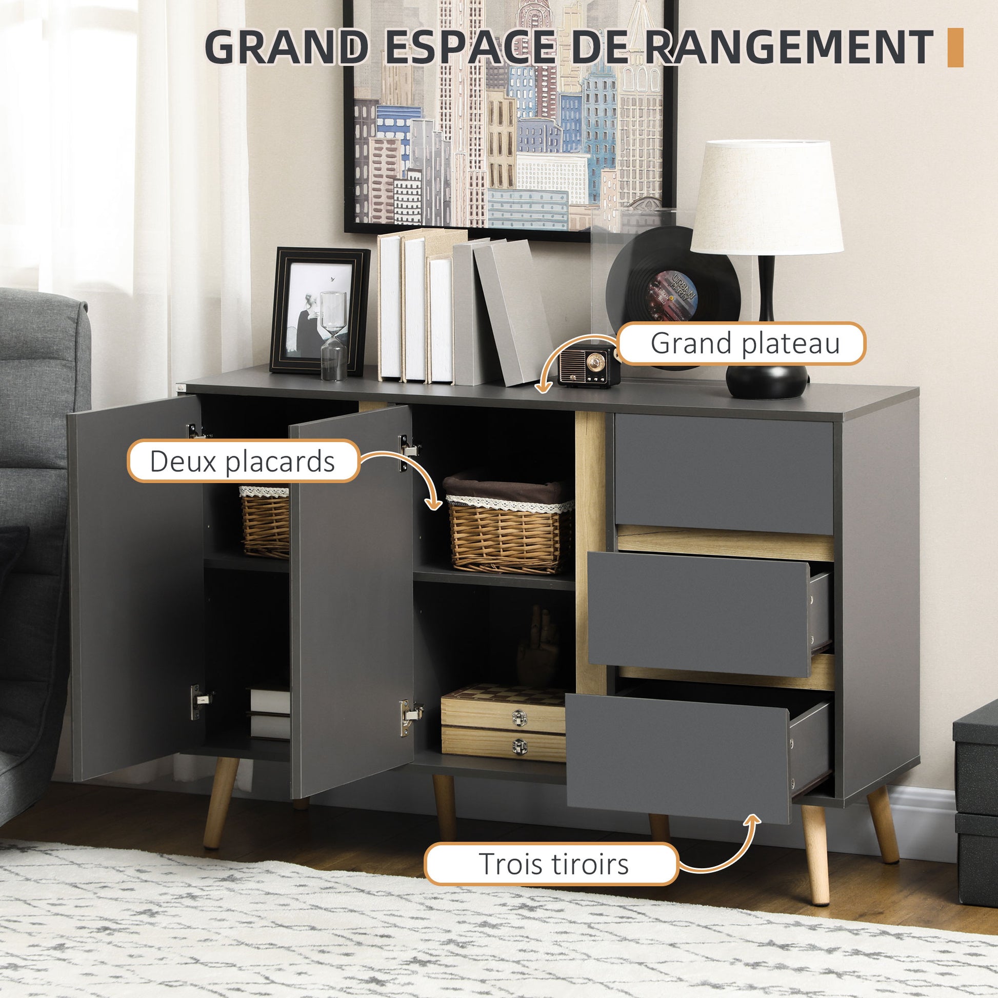Low buffet storage cabinet on Scandinavian style feet - 2 doors 3 drawers - 120 x 40 x 80 cm - anthracite gray