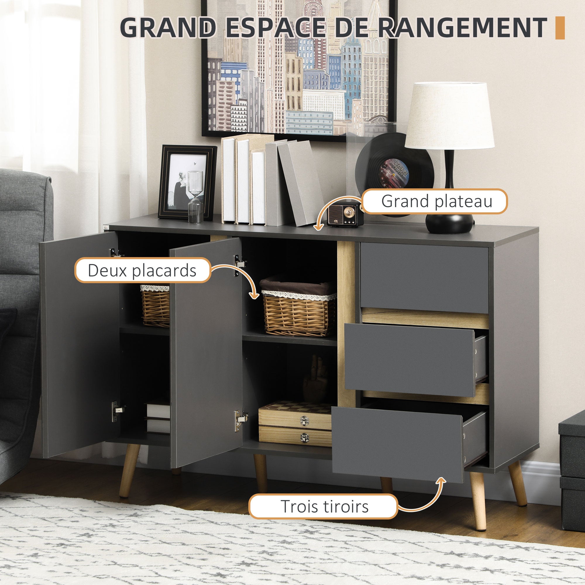 Low buffet storage cabinet on Scandinavian style feet - 2 doors 3 drawers - 120 x 40 x 80 cm - anthracite gray