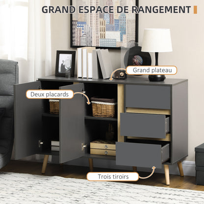 Low buffet storage cabinet on Scandinavian style feet - 2 doors 3 drawers - 120 x 40 x 80 cm - anthracite gray