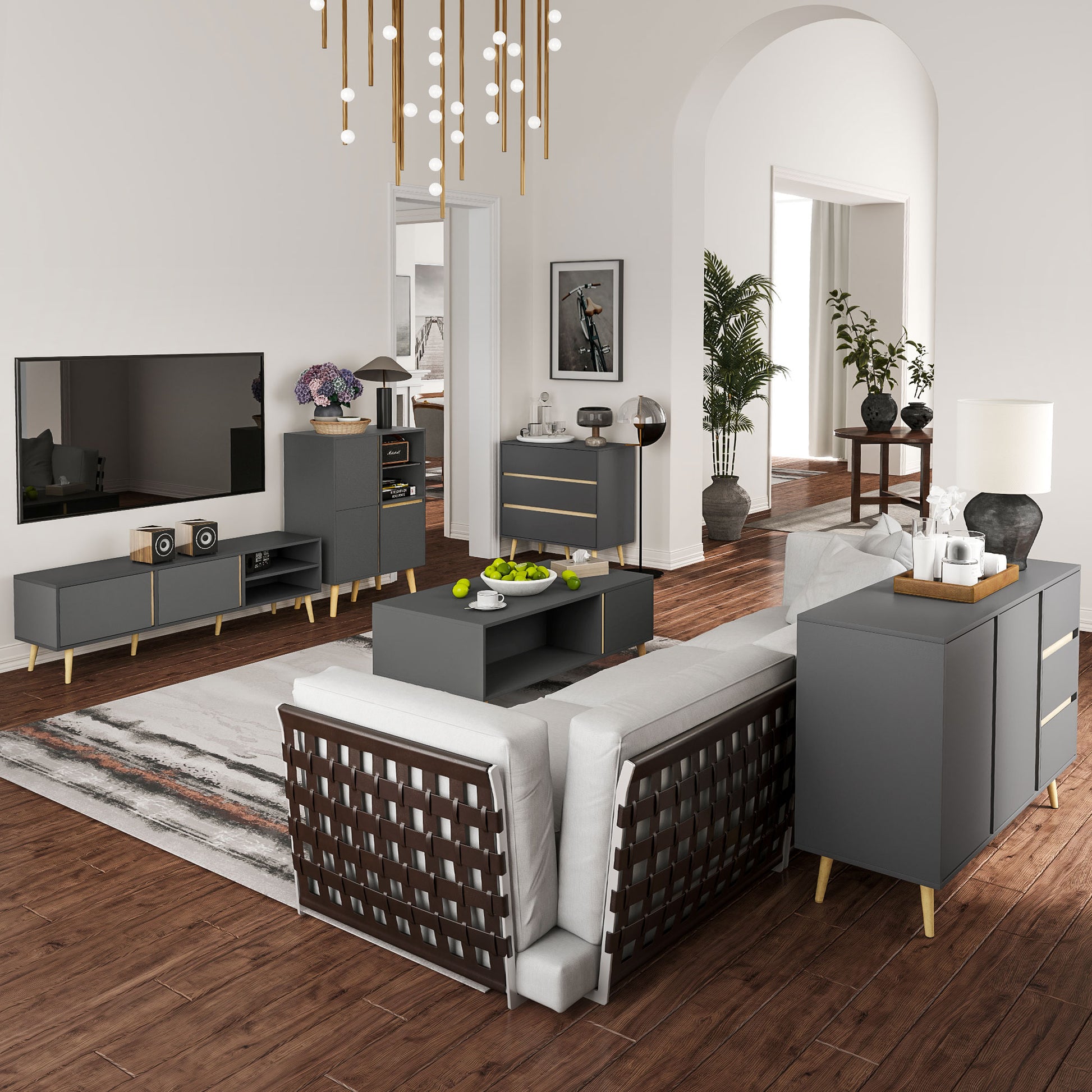 Low buffet storage cabinet on Scandinavian style feet - 2 doors 3 drawers - 120 x 40 x 80 cm - anthracite gray