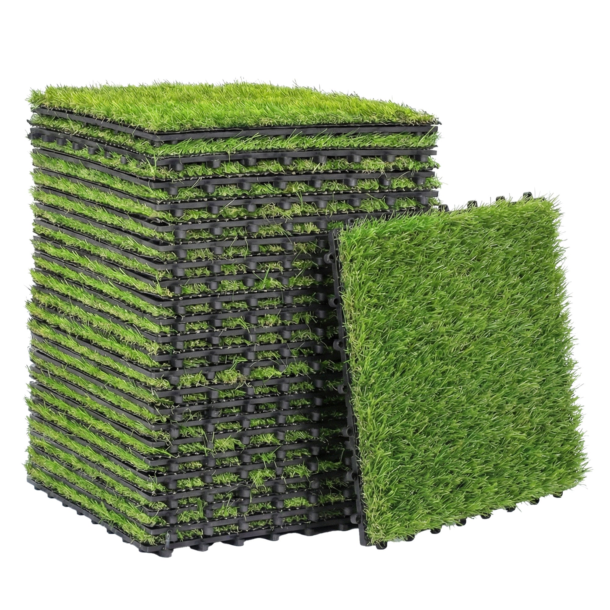 22-Piece Artificial Grass Carpet, 11.8 x 11.8 in Tiles, 1 in Pile Height, Automatic Drainage, for Garden, Terrace, Patio, Balcony — Green