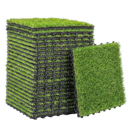 22-Piece Artificial Grass Carpet, 11.8 x 11.8 in Tiles, 1 in Pile Height, Automatic Drainage, for Garden, Terrace, Patio, Balcony — Green