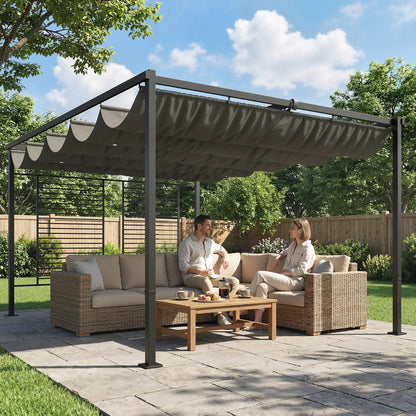 Pergola 3.87 x 2.97 m Patio Cover with Retractable Roof, 2 Privacy Panels, UV50+, Freestanding with Drainage Holes — Dark Gray