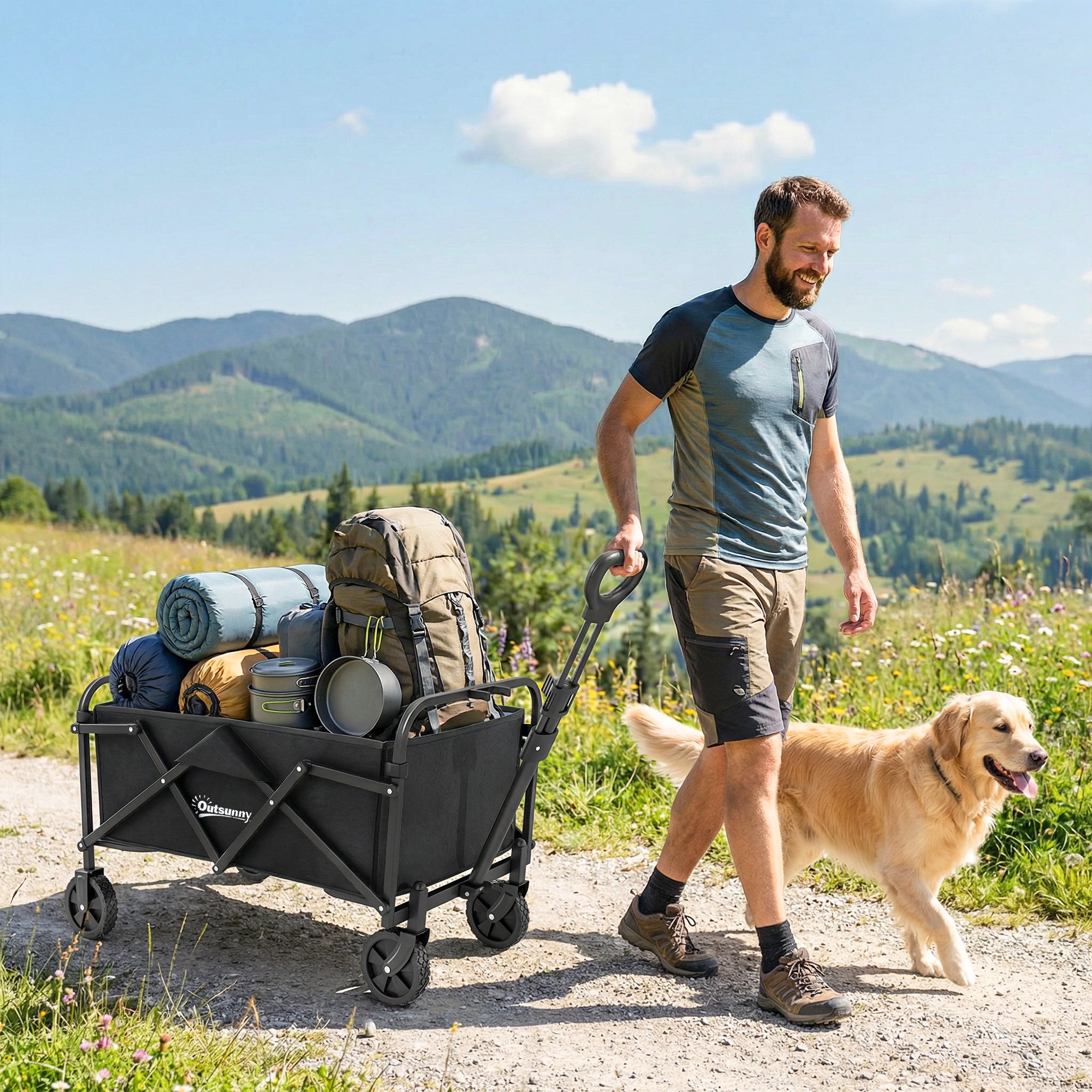 Foldable Beach Wagon with Wheels, Adjustable Handle, Metal Frame, 150 lb Capacity, All-Terrain Utility Cart for Garden, Camping, Shopping — Black
