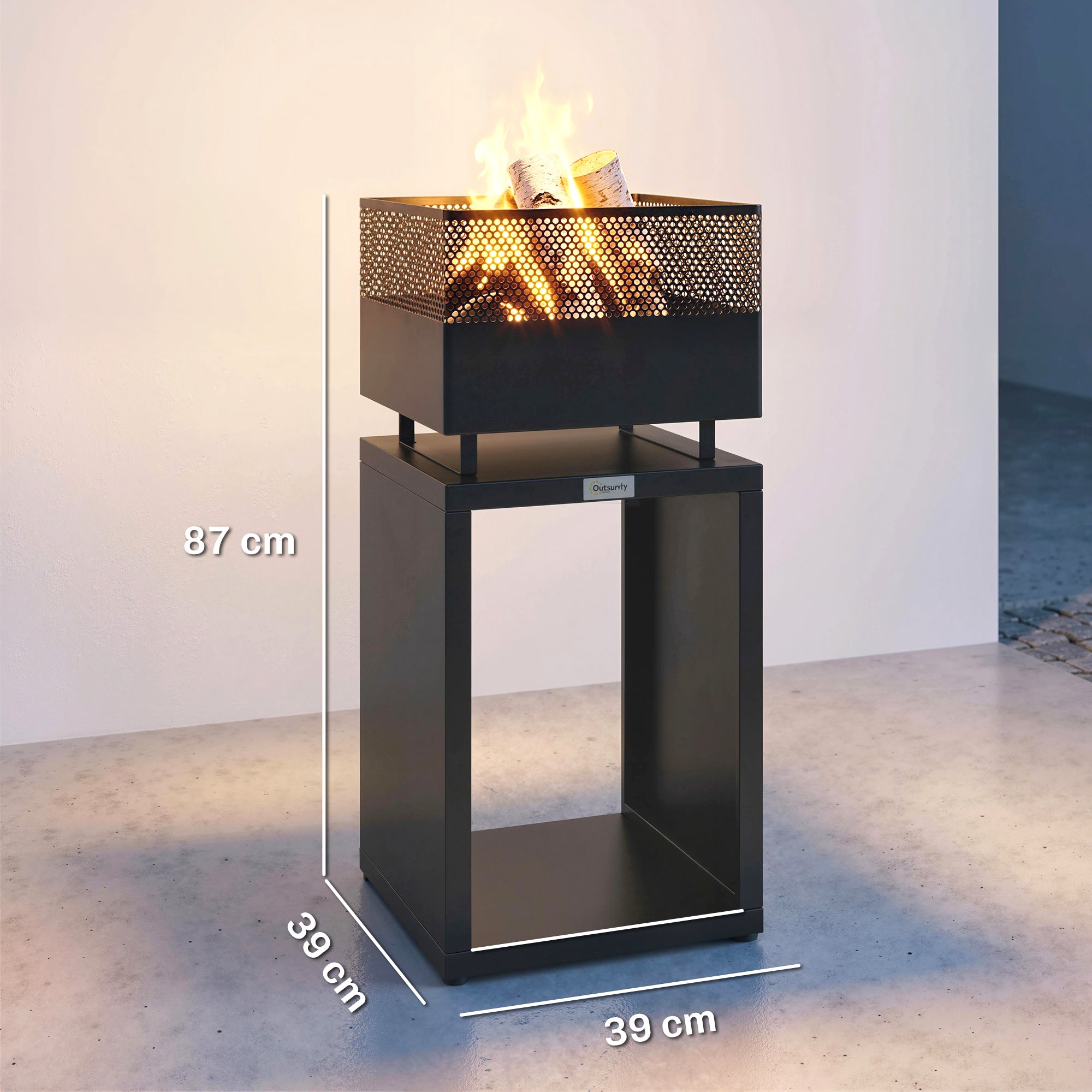 Fire Pit Tower with Wood Storage, 15.4 x 15.4 x 34.3 in — Coal Grate & Adjustable Feet, Black
