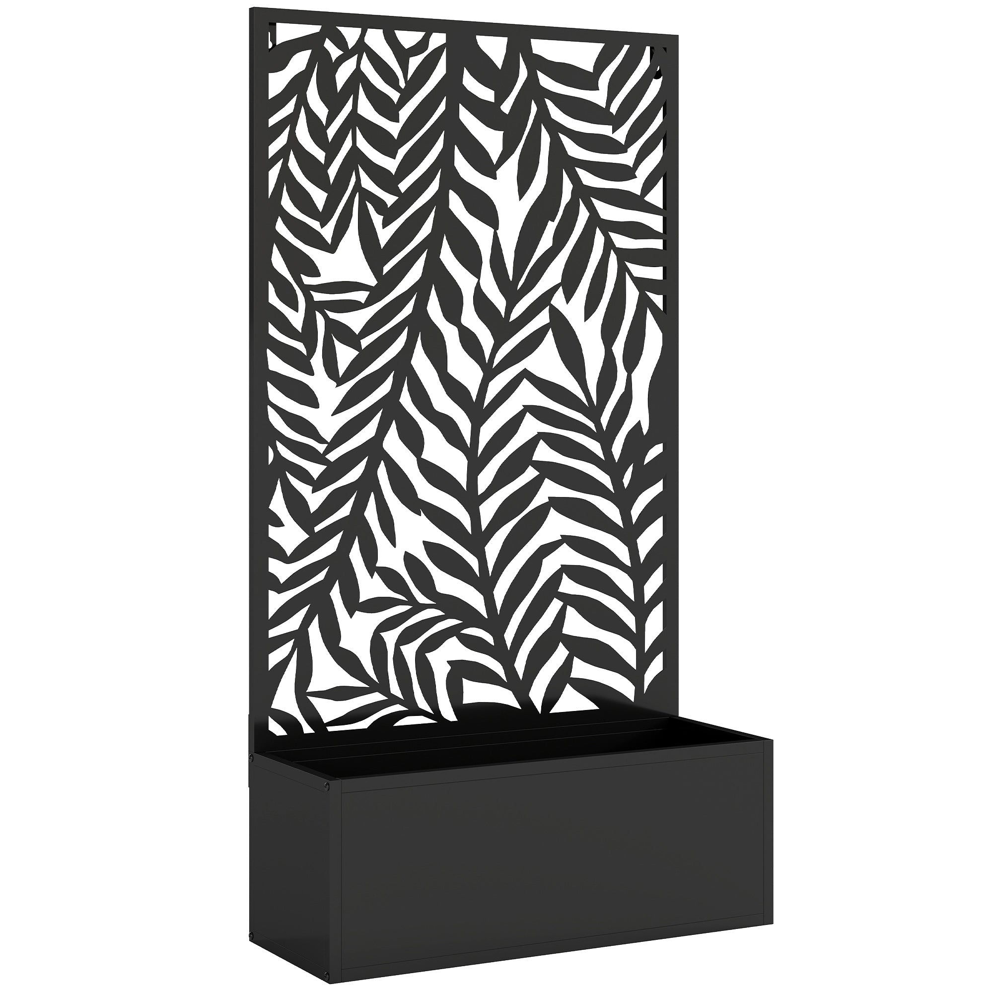 Metal Planter with Trellis and Tropical Leaf Privacy Panel, 61 x 23 x 113 cm (24 x 9.1 x 44.5 in), Black
