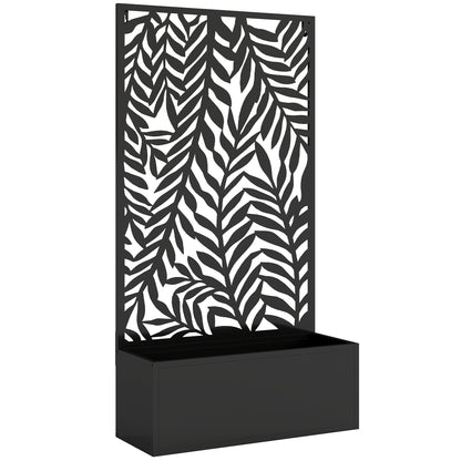 Metal Planter with Trellis and Tropical Leaf Privacy Panel, 61 x 23 x 113 cm (24 x 9.1 x 44.5 in), Black