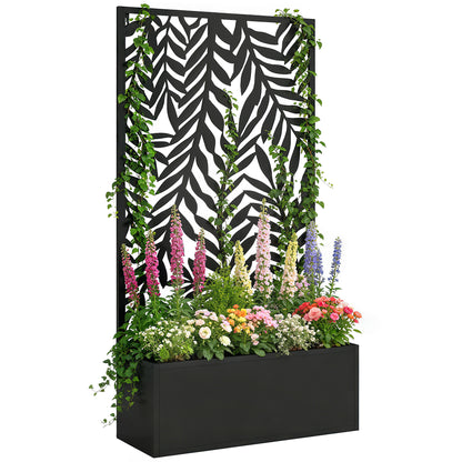 Metal Planter with Trellis and Tropical Leaf Privacy Panel, 61 x 23 x 113 cm (24 x 9.1 x 44.5 in), Black