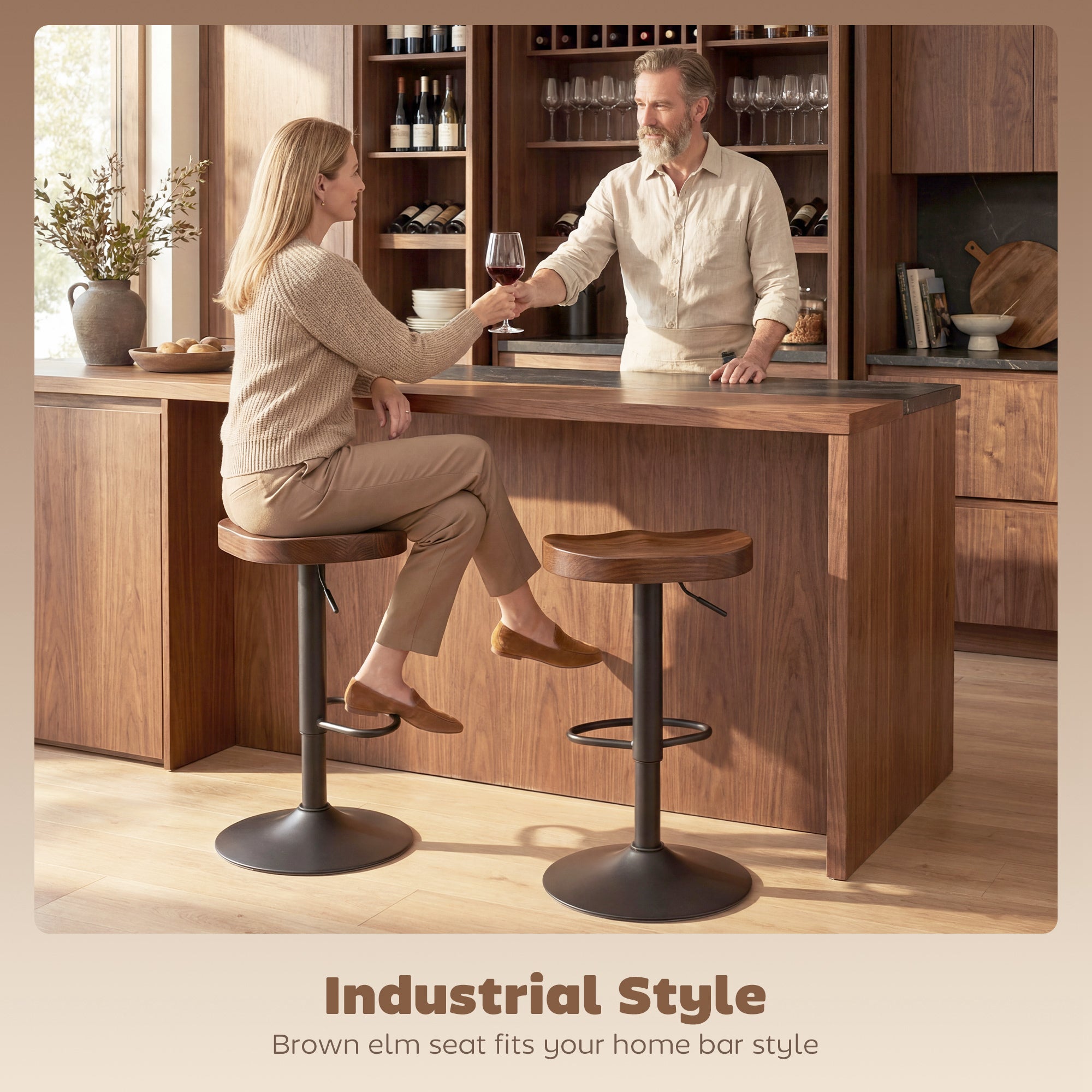 2-Pack Adjustable Swivel Bar Stools with Elm Saddle Seat, 24–32.3 in Height, Dark Brown/Black