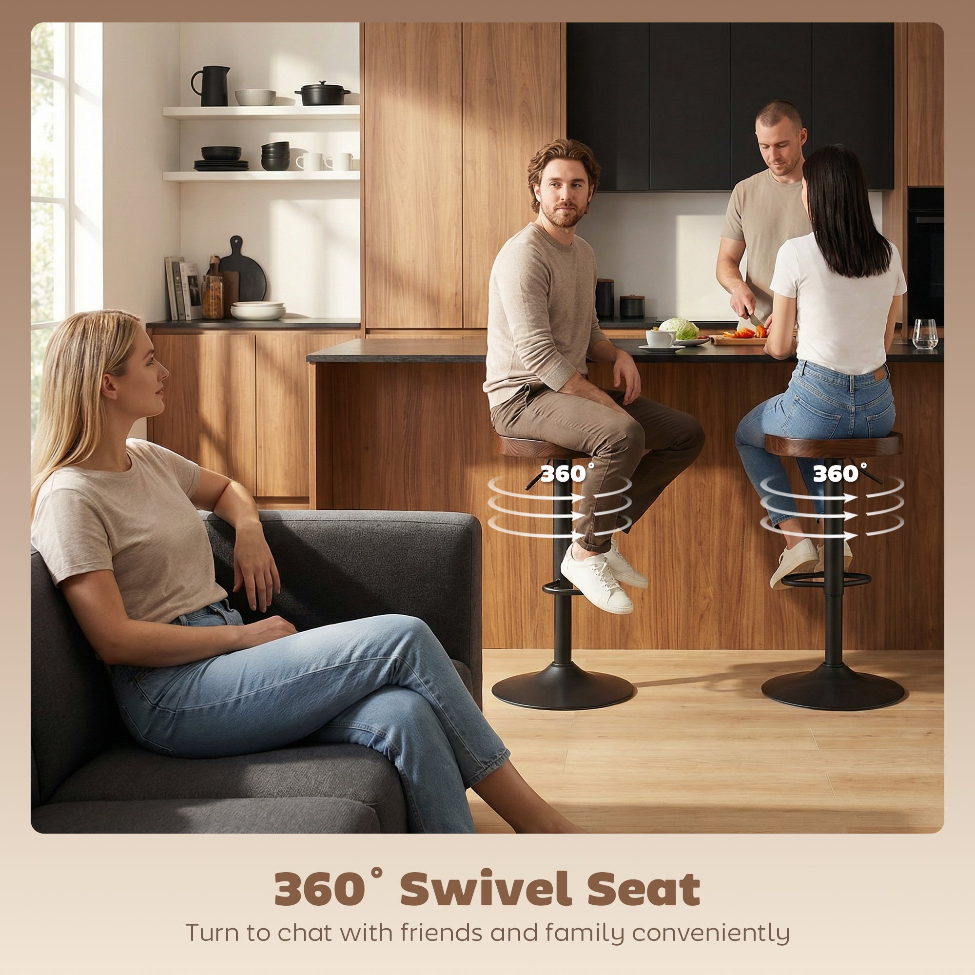 2-Pack Adjustable Swivel Bar Stools with Elm Saddle Seat, 24–32.3 in Height, Dark Brown/Black