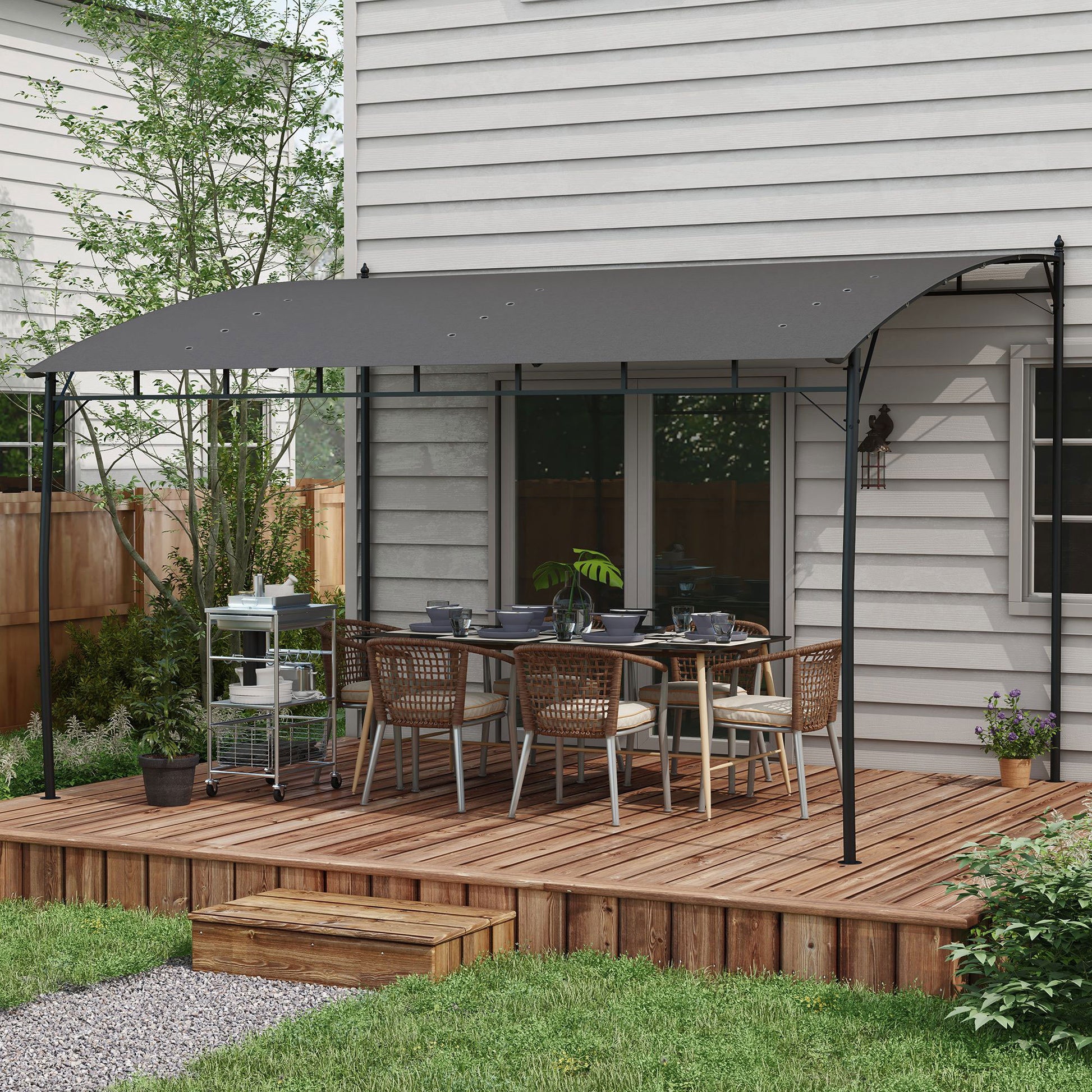 Pergola Gazebo with 12 Drainage Holes, Metal Pergola with Polyester Canopy, 8 Expansion Screws and 8 Ground Stakes, 400x296x200/262 cm, Dark Gray