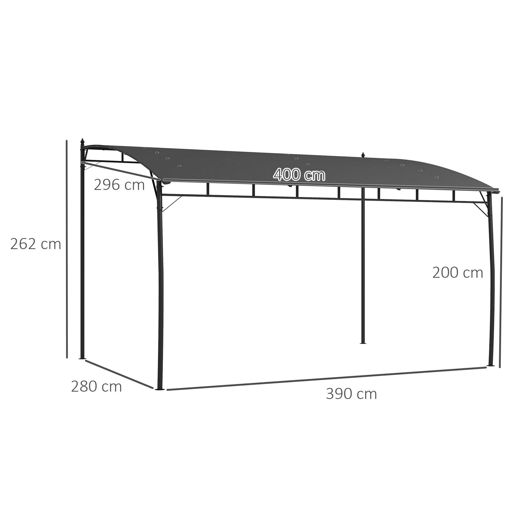 Pergola Gazebo with 12 Drainage Holes, Metal Pergola with Polyester Canopy, 8 Expansion Screws and 8 Ground Stakes, 400x296x200/262 cm, Dark Gray
