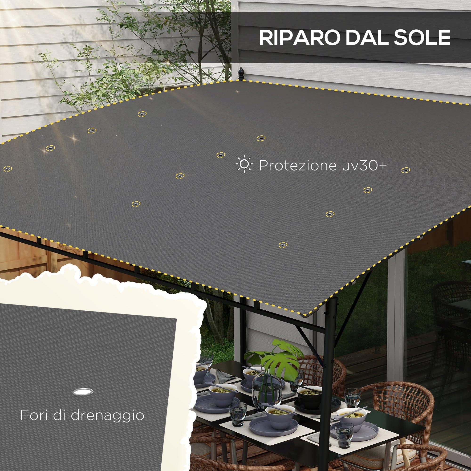 Pergola Gazebo with 12 Drainage Holes, Metal Pergola with Polyester Canopy, 8 Expansion Screws and 8 Ground Stakes, 400x296x200/262 cm, Dark Gray