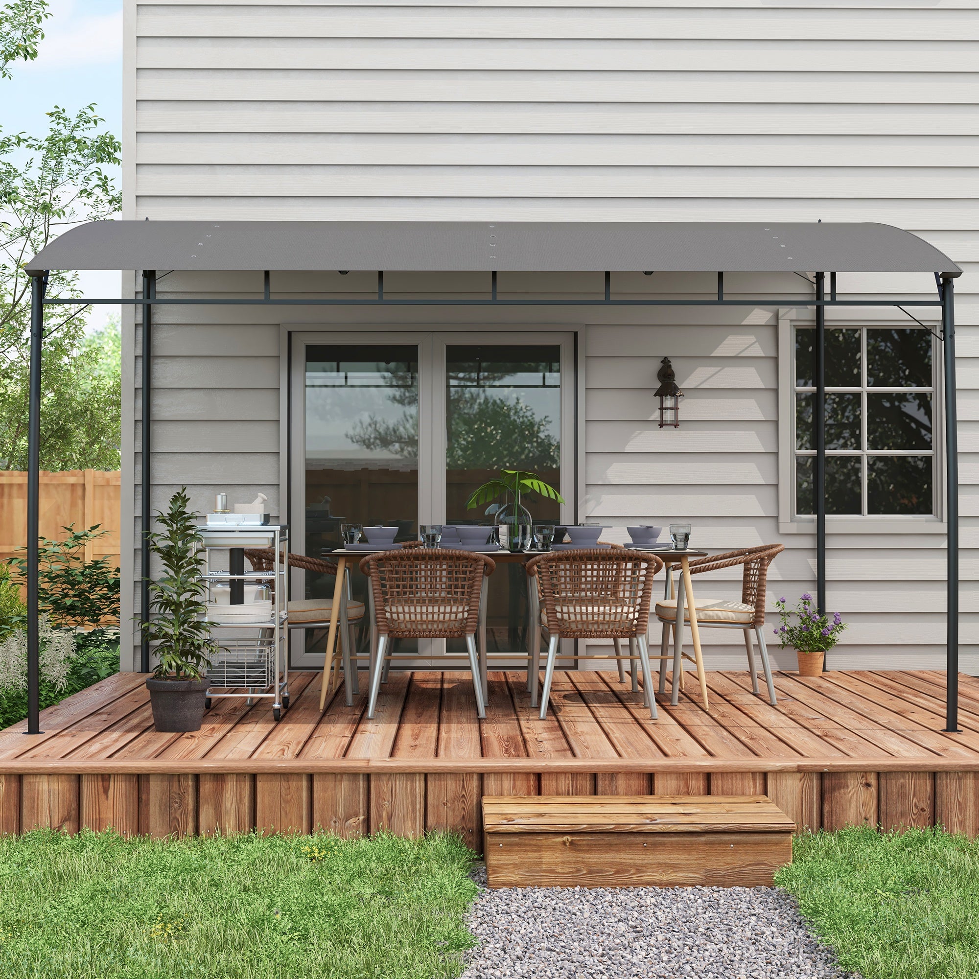Pergola Gazebo with 12 Drainage Holes, Metal Pergola with Polyester Canopy, 8 Expansion Screws and 8 Ground Stakes, 400x296x200/262 cm, Dark Gray