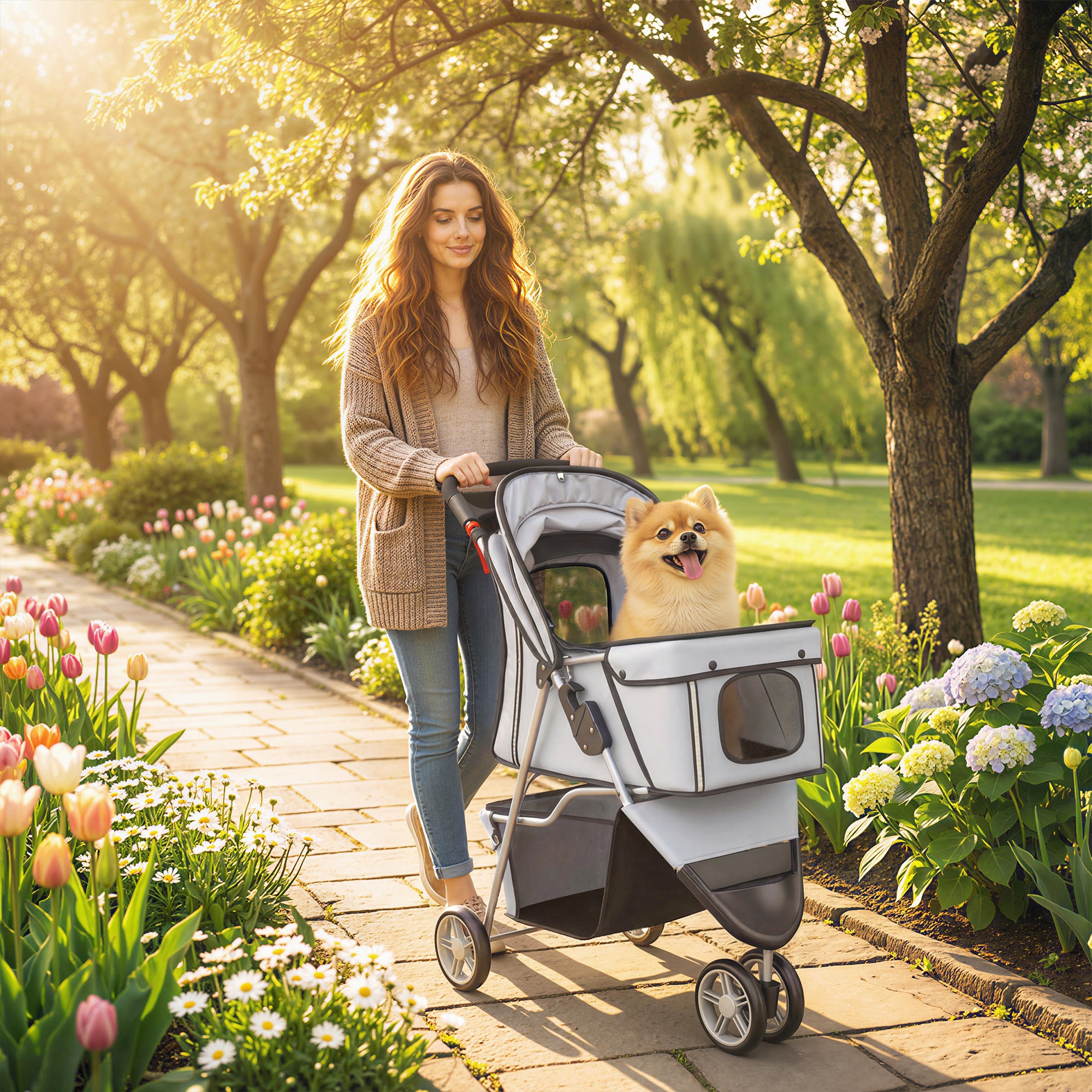 Foldable Pet Stroller, up to 22 lb, 3-Wheel Small Dog & Cat Stroller with Adjustable Canopy, Mesh Windows, Cup Holder, EVA Wheels & Brakes — Light Gray