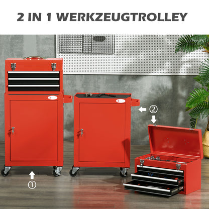 2-in-1 Workshop Trolley with Empty Toolbox, Rolling Cart for Tool Storage, Lockable Tool Box with Handle, Steel, Red
