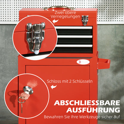 2-in-1 Workshop Trolley with Empty Toolbox, Rolling Cart for Tool Storage, Lockable Tool Box with Handle, Steel, Red