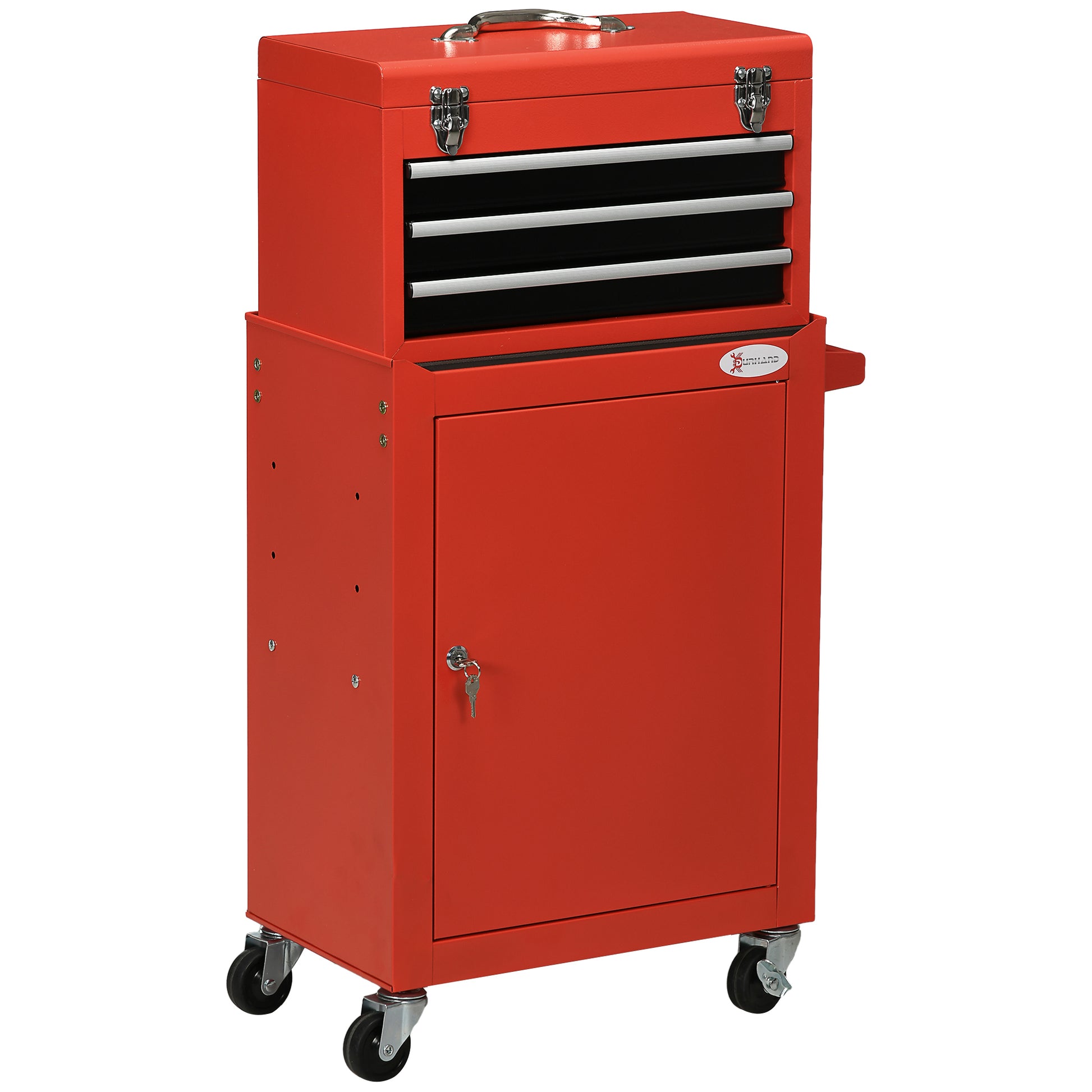 2-in-1 Workshop Trolley with Empty Toolbox, Rolling Cart for Tool Storage, Lockable Tool Box with Handle, Steel, Red
