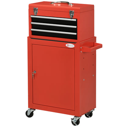 2-in-1 Workshop Trolley with Empty Toolbox, Rolling Cart for Tool Storage, Lockable Tool Box with Handle, Steel, Red