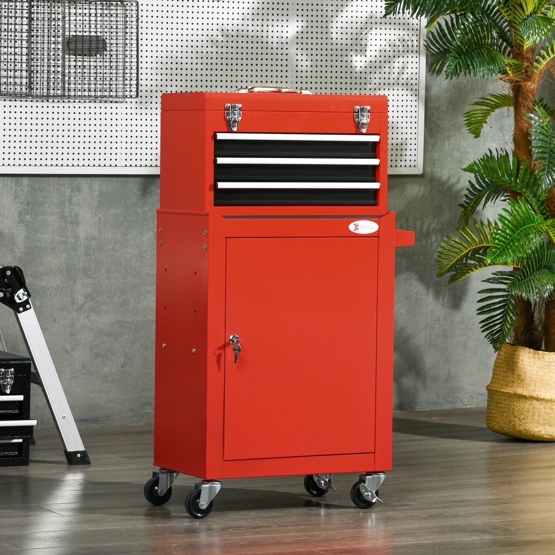 2-in-1 Workshop Trolley with Empty Toolbox, Rolling Cart for Tool Storage, Lockable Tool Box with Handle, Steel, Red
