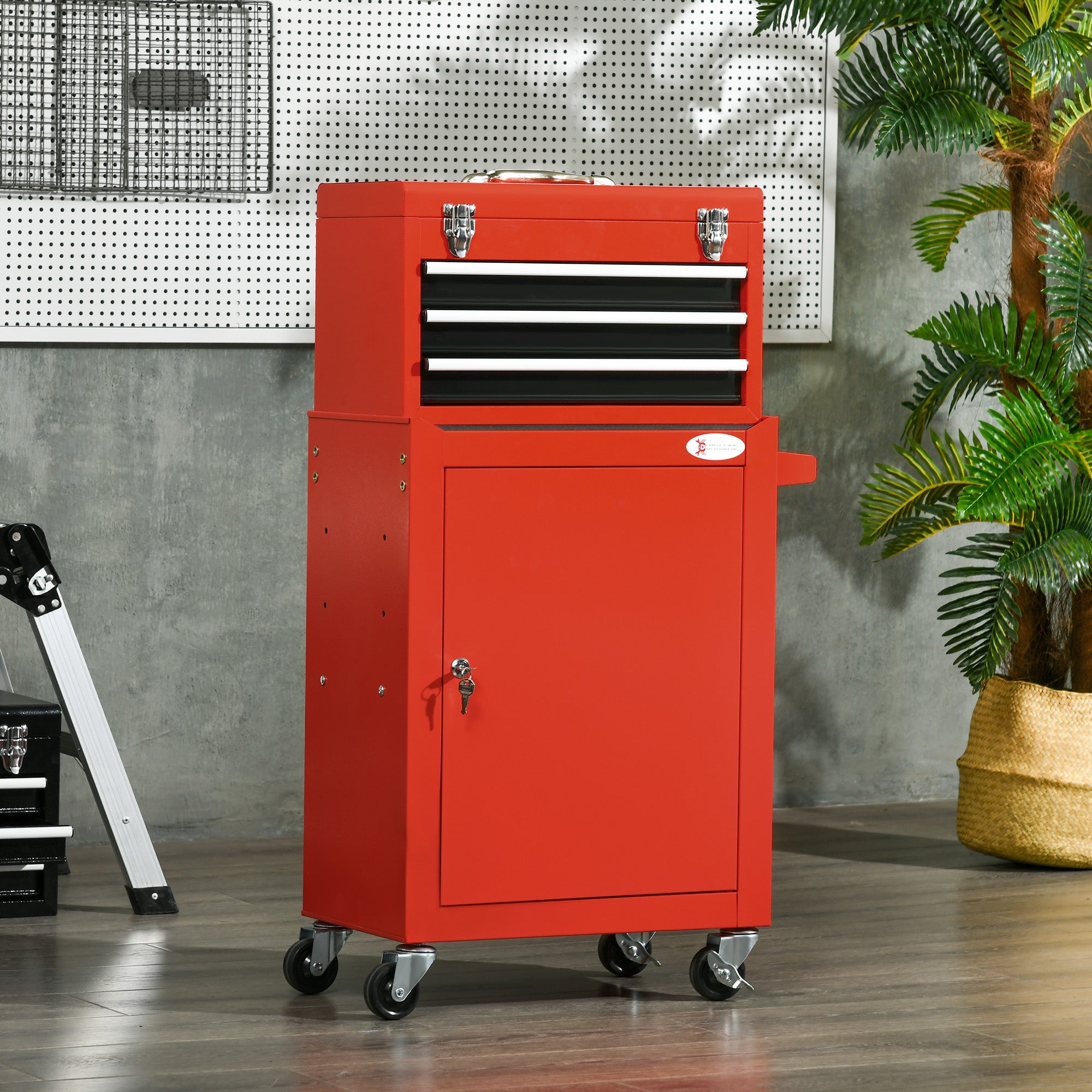 2-in-1 Workshop Trolley with Empty Toolbox, Rolling Cart for Tool Storage, Lockable Tool Box with Handle, Steel, Red