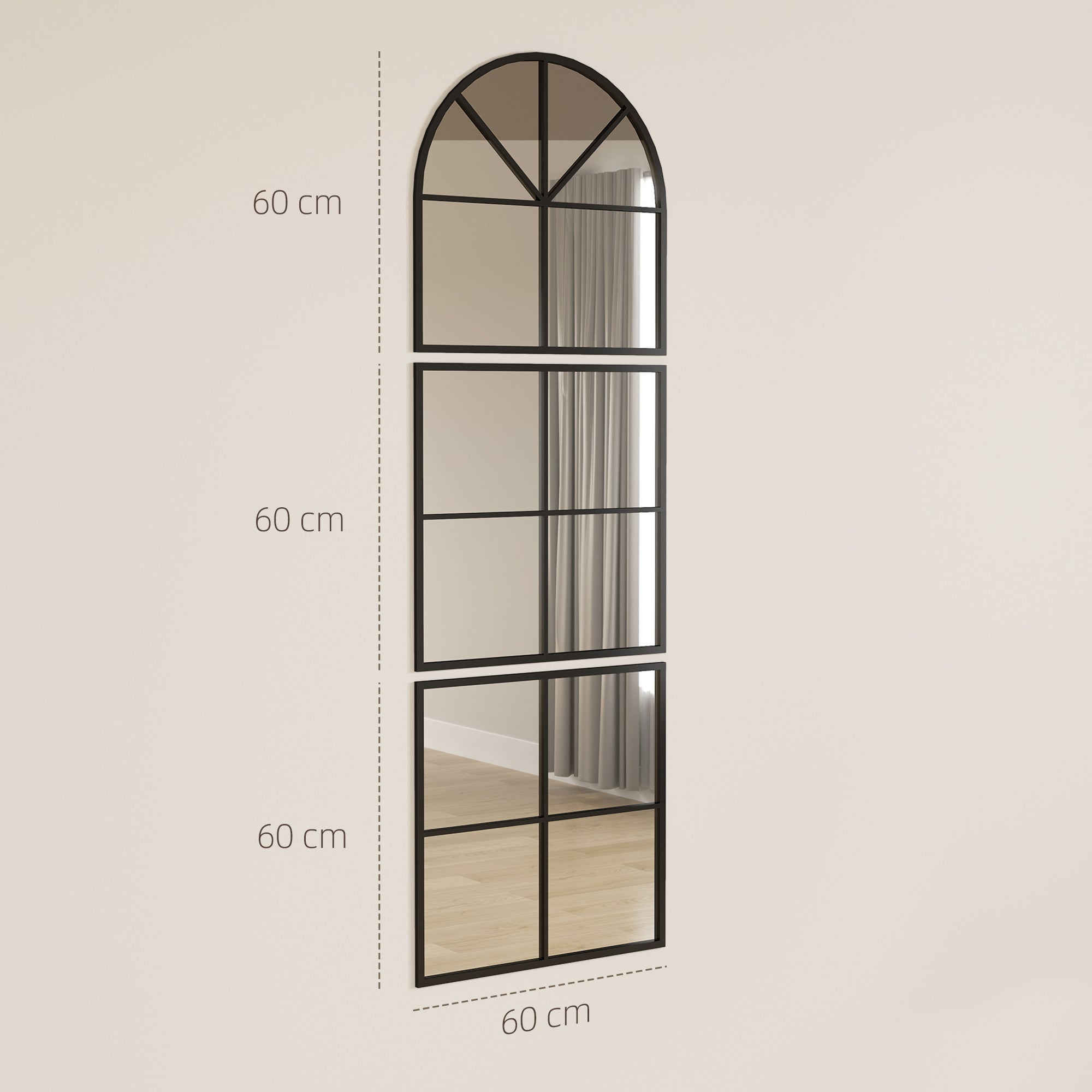 Wall Mirror 60 x 180 cm three-part, arched mirror with metal frame, decorative hanging mirror, window mirror for bathroom living room Black