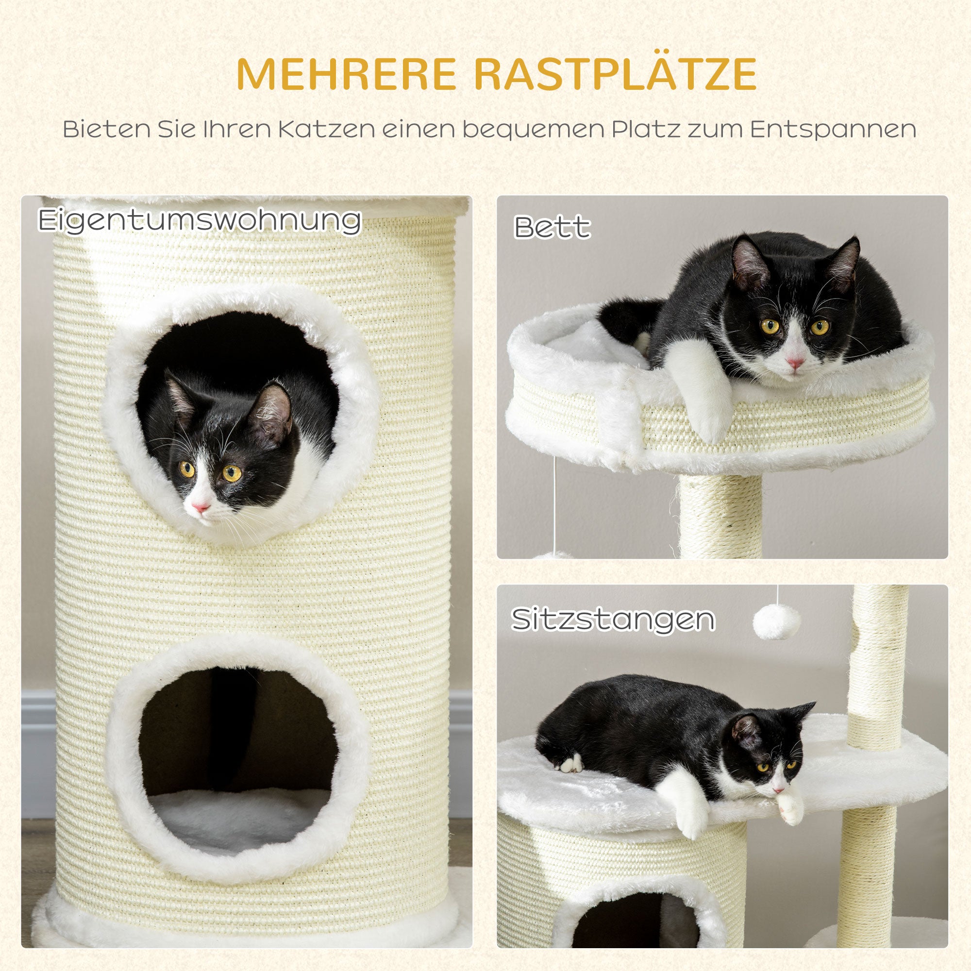 Cat Tree, 100 cm, Climbing Tree with Scratching Barrel, Cat Scratching Post, Cat Tree with Sisal Column and Play Ball, Cat Furniture with Cushion, Plush, Cream White