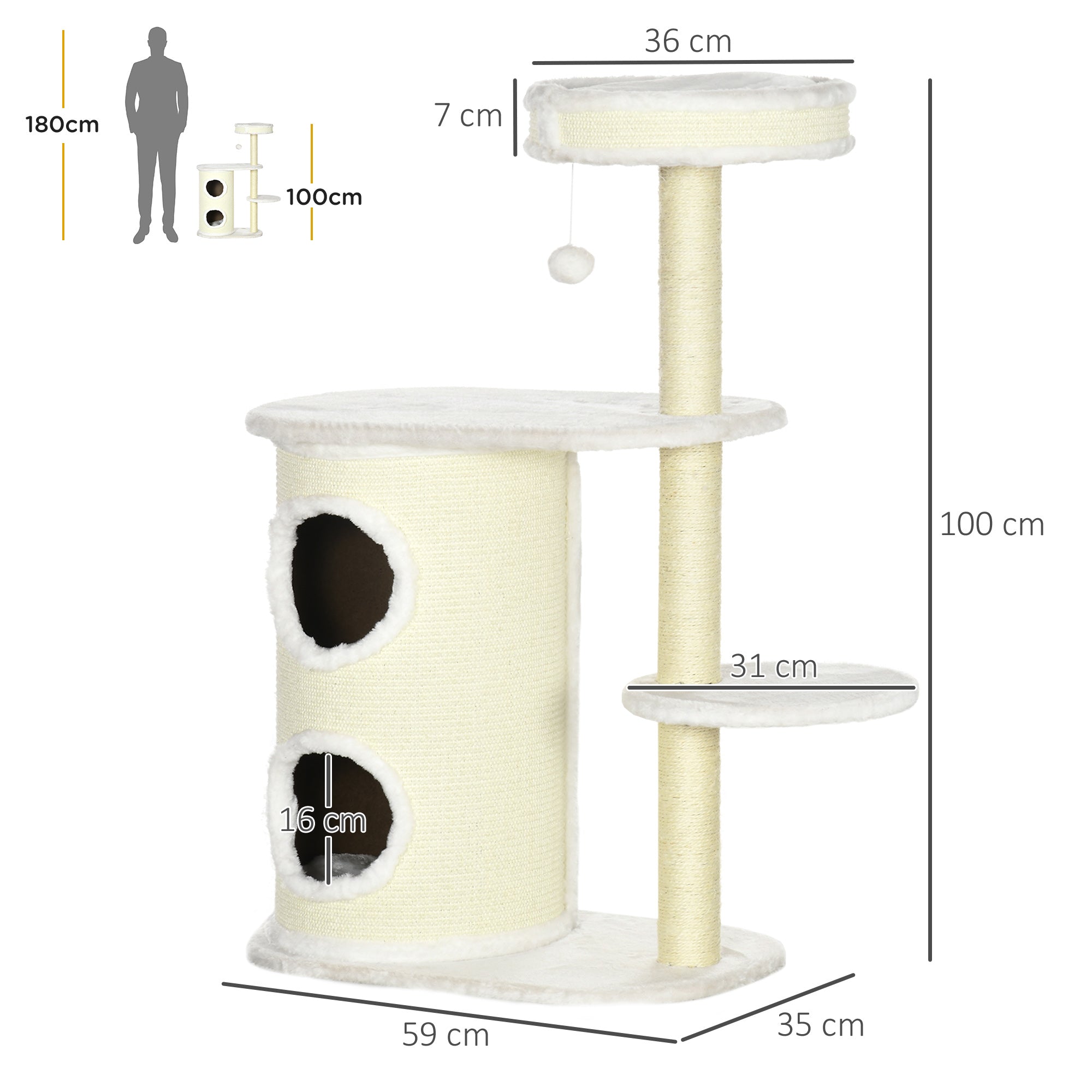 Cat Tree, 100 cm, Climbing Tree with Scratching Barrel, Cat Scratching Post, Cat Tree with Sisal Column and Play Ball, Cat Furniture with Cushion, Plush, Cream White