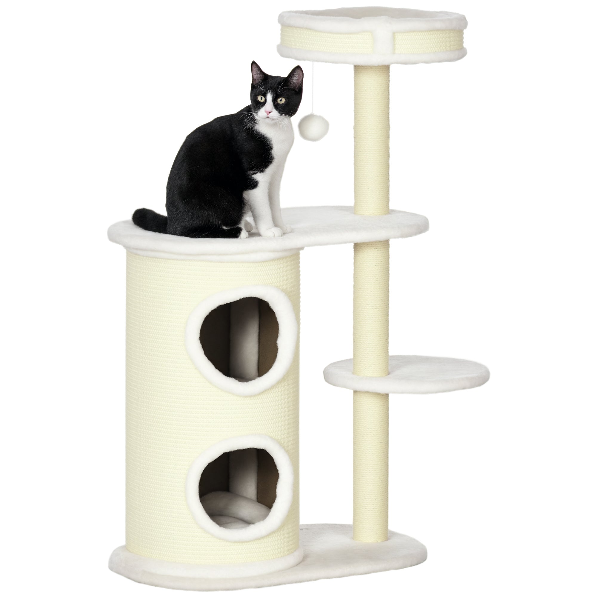 Cat Tree, 100 cm, Climbing Tree with Scratching Barrel, Cat Scratching Post, Cat Tree with Sisal Column and Play Ball, Cat Furniture with Cushion, Plush, Cream White
