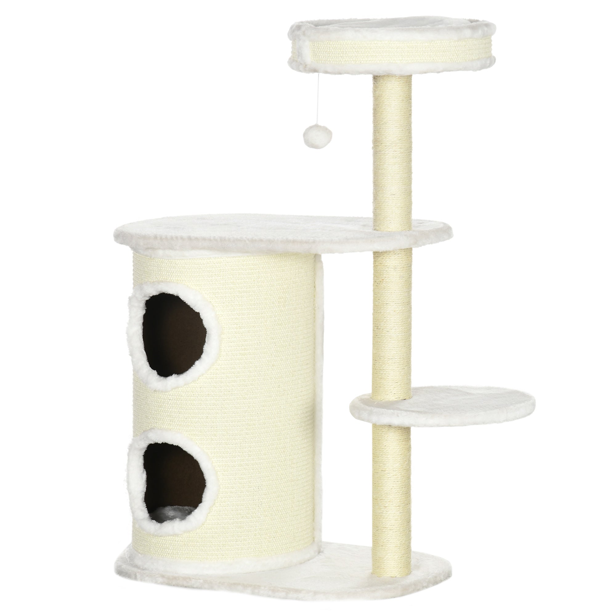 Cat Tree, 100 cm, Climbing Tree with Scratching Barrel, Cat Scratching Post, Cat Tree with Sisal Column and Play Ball, Cat Furniture with Cushion, Plush, Cream White