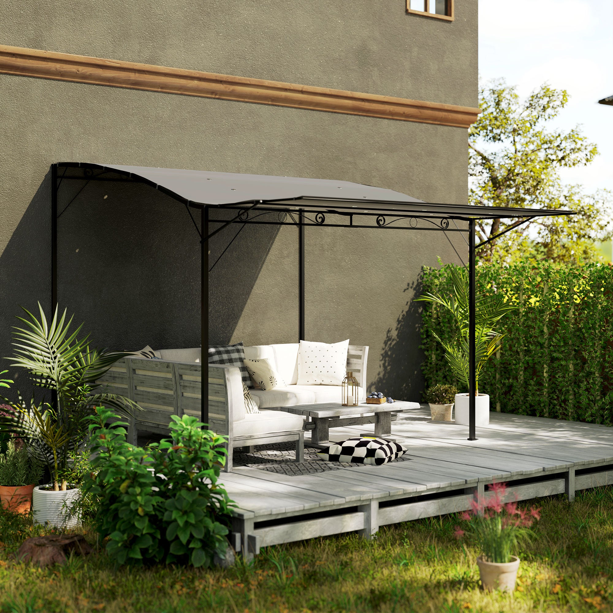 10' x 8' (3 x 2.5 m) Adjustable-Roof Garden Pergola — Steel Frame, Dark Gray Polyester Canopy