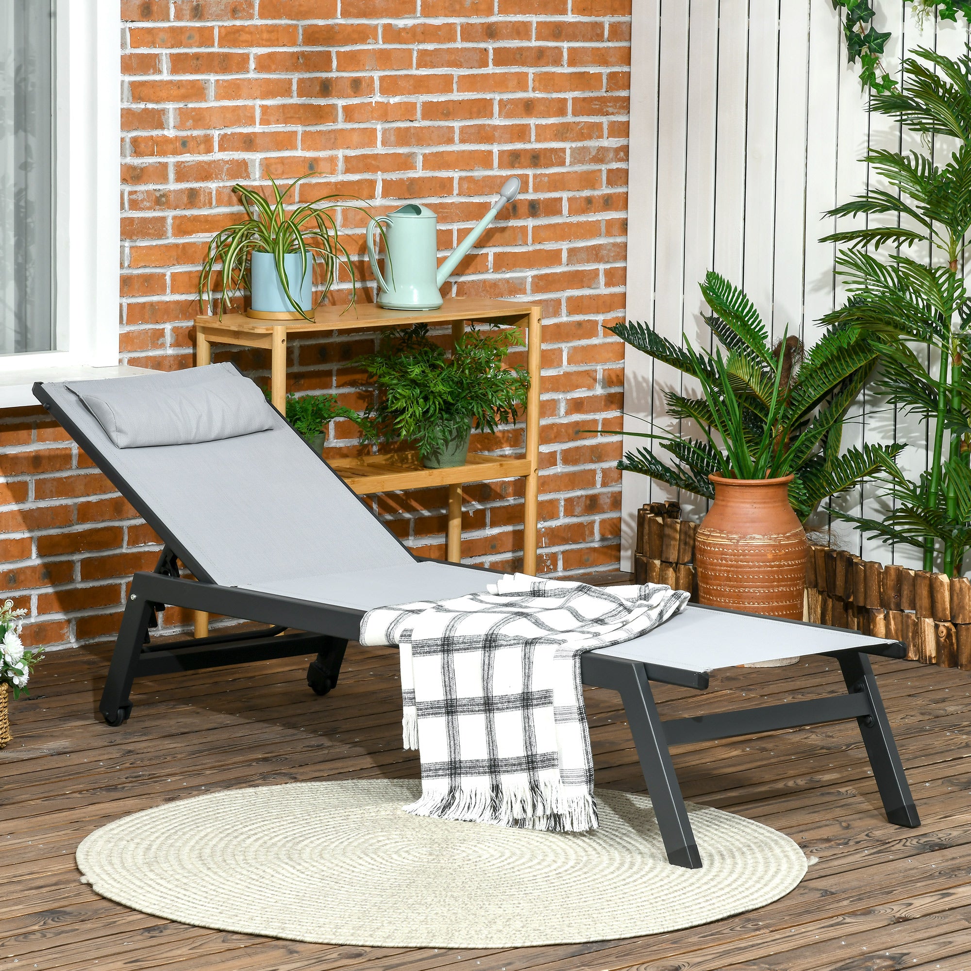 Aluminum and Textilene Sun Lounger with Wheels and Adjustable Multi-Position Backrest Light Gray