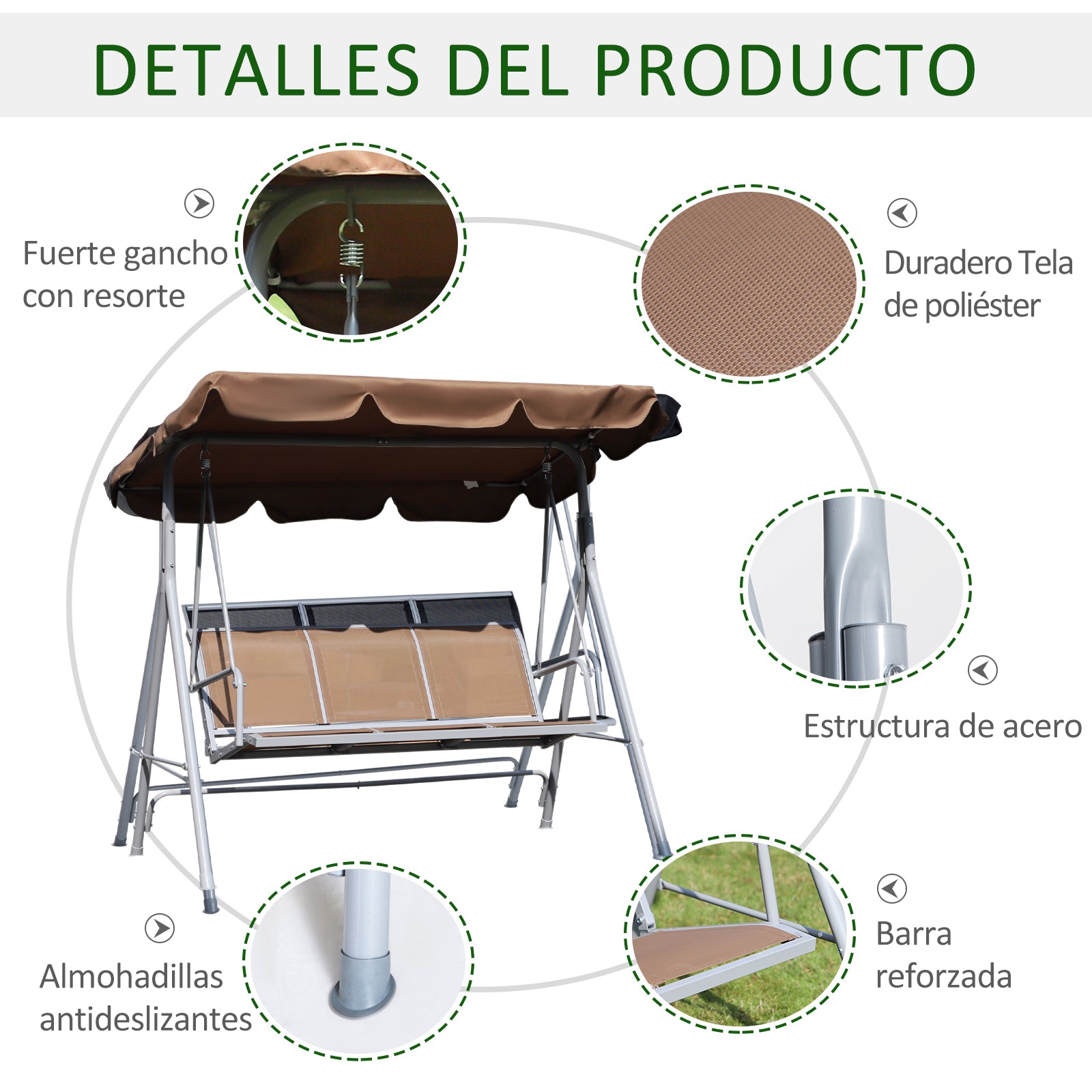 Garden Swing 3-Seater Outdoor Swing with Adjustable Canopy Breathable Backrest and Metal Frame for Terrace Balcony Load 529 lbs 67.3x42.5x60.6 inches Brown