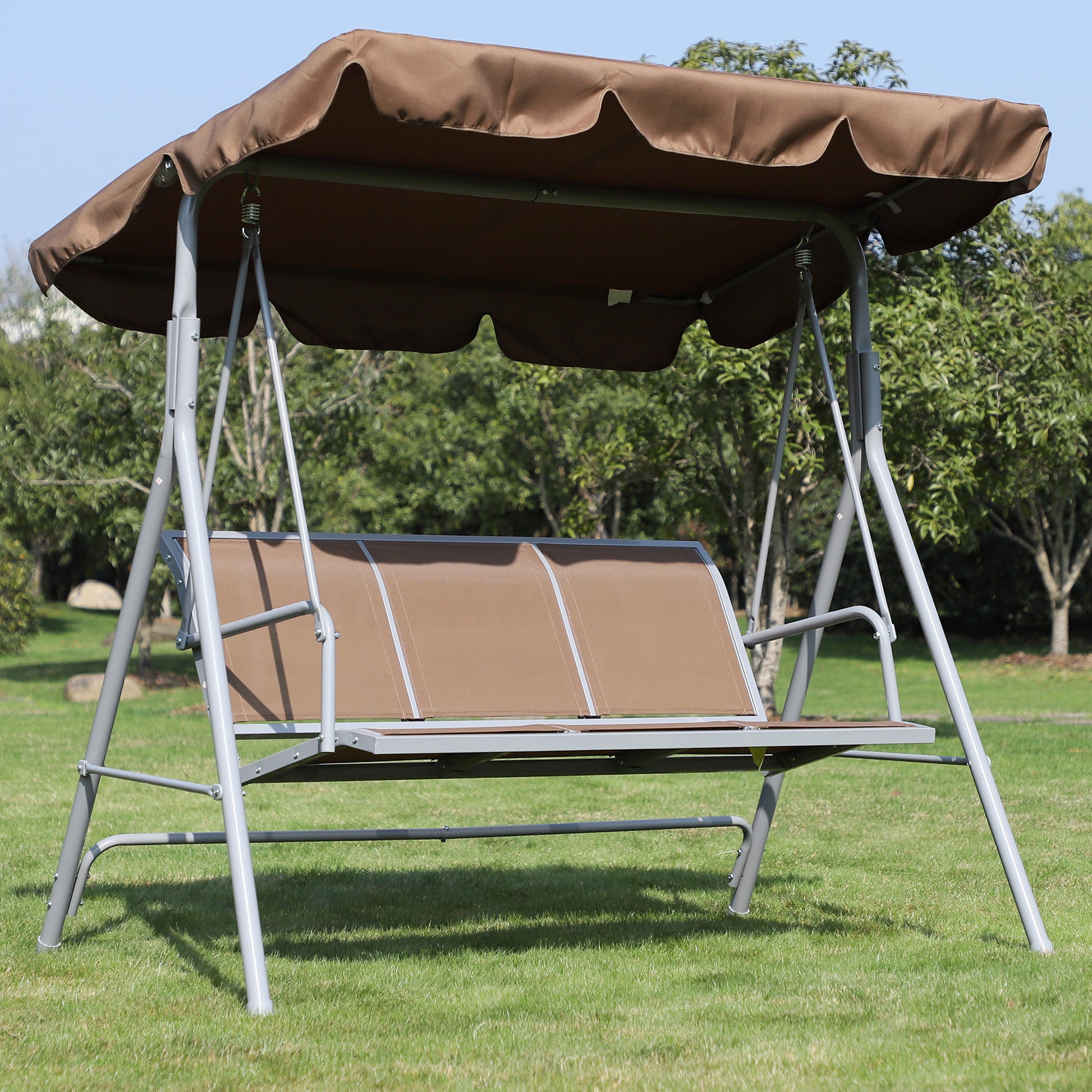 Garden Swing 3-Seater Outdoor Swing with Adjustable Canopy Breathable Backrest and Metal Frame for Terrace Balcony Load 529 lbs 67.3x42.5x60.6 inches Brown
