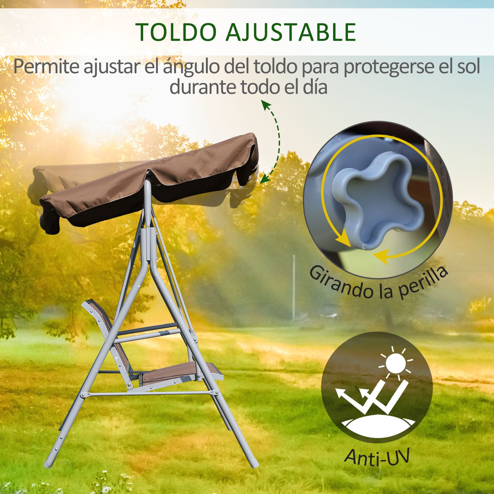 Garden Swing 3-Seater Outdoor Swing with Adjustable Canopy Breathable Backrest and Metal Frame for Terrace Balcony Load 529 lbs 67.3x42.5x60.6 inches Brown