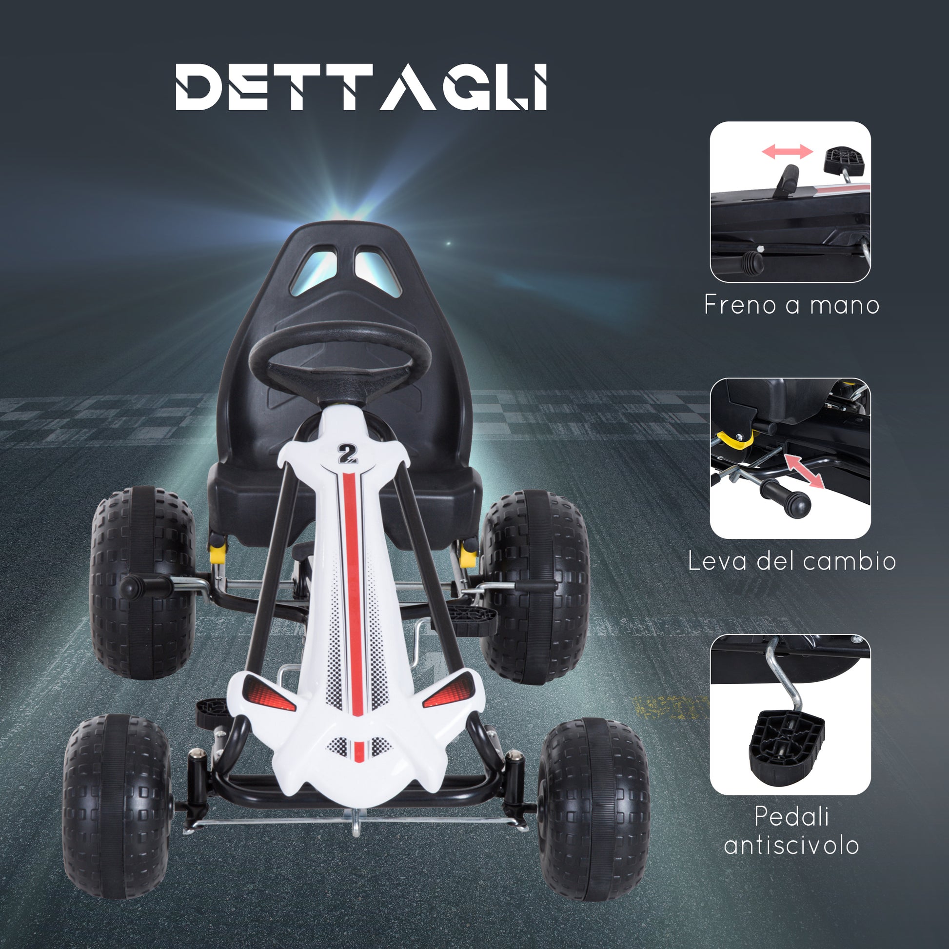 Pedal Go Kart for Kids 3-6 Years with Adjustable Seat, Brake, and Clutch, Go Kart with Anti-Slip Wheels, 101.5x65.5x59.5 cm, White and Black