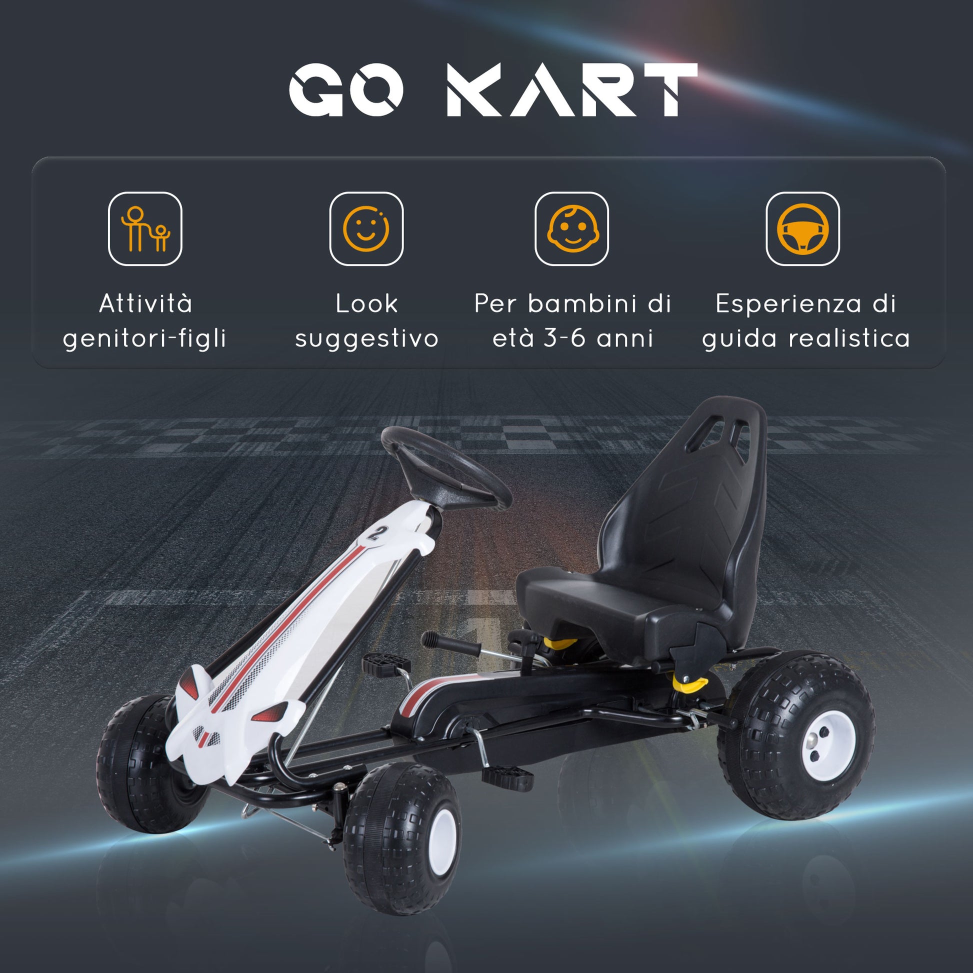 Pedal Go Kart for Kids 3-6 Years with Adjustable Seat, Brake, and Clutch, Go Kart with Anti-Slip Wheels, 101.5x65.5x59.5 cm, White and Black