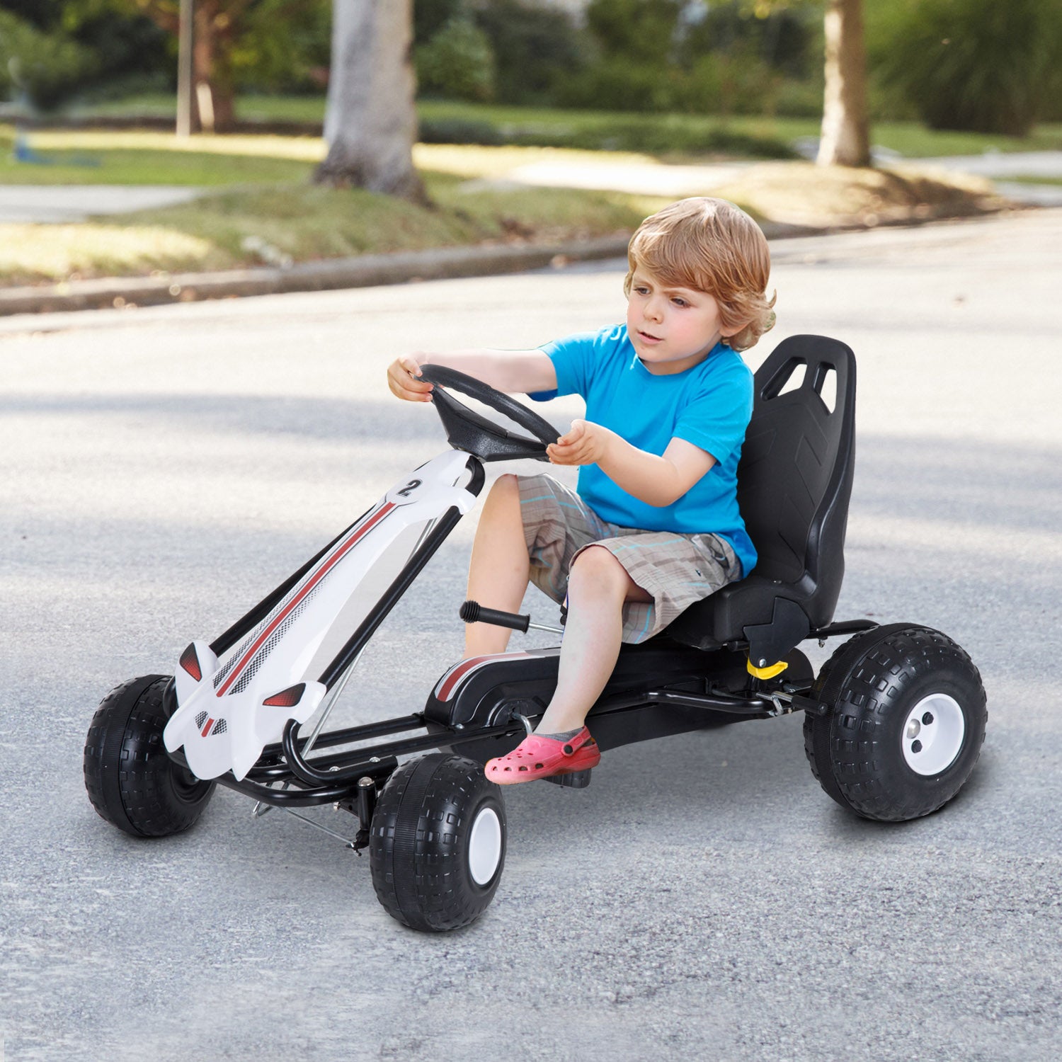 Pedal Go Kart for Kids 3-6 Years with Adjustable Seat, Brake, and Clutch, Go Kart with Anti-Slip Wheels, 101.5x65.5x59.5 cm, White and Black