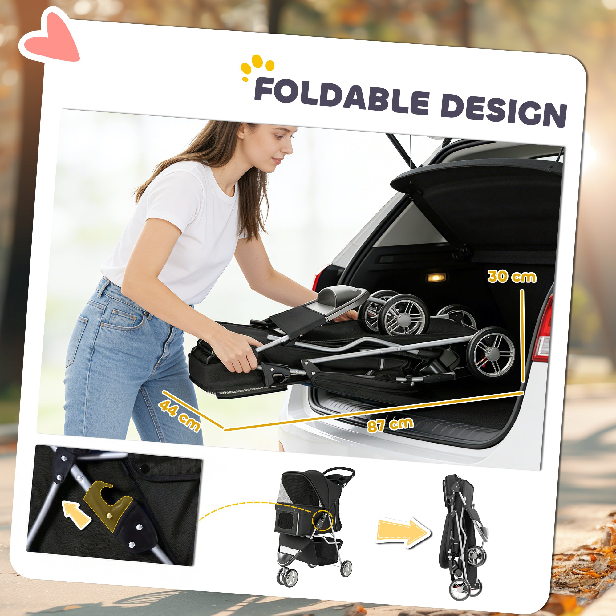 Foldable Pet Stroller — Collapsible Dog & Cat Buggy up to 22 lb with Storage Basket, Cushion, Mesh Windows, Cup Holder, 3 Wheels, Black