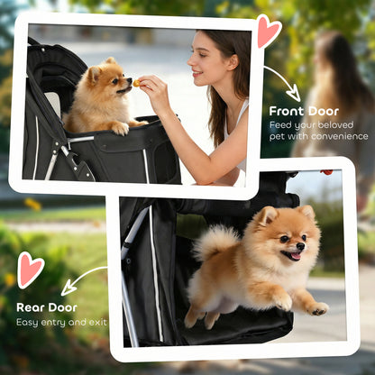 Foldable Pet Stroller — Collapsible Dog & Cat Buggy up to 22 lb with Storage Basket, Cushion, Mesh Windows, Cup Holder, 3 Wheels, Black