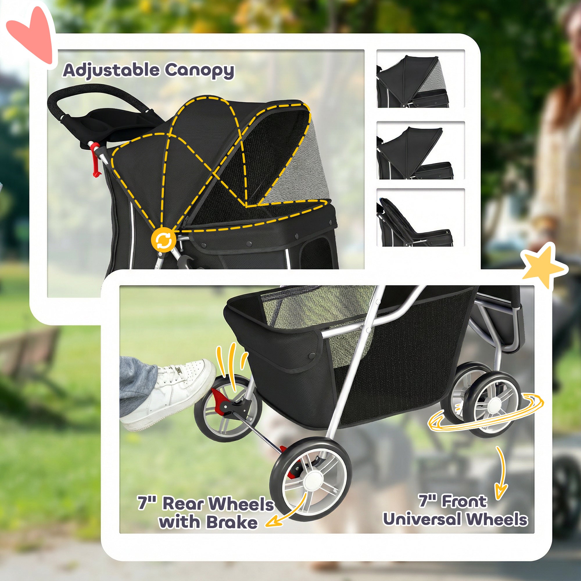 Foldable Pet Stroller — Collapsible Dog & Cat Buggy up to 22 lb with Storage Basket, Cushion, Mesh Windows, Cup Holder, 3 Wheels, Black