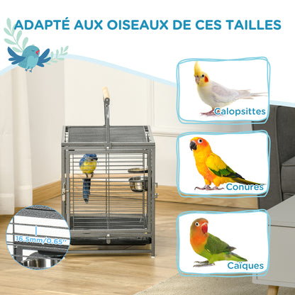 Steel Parrot Transport Cage, Bird Cage with 2 Stainless Steel Bowls, 2 Wooden Perches, Removable Bottom Tray, for Cockatiels, Conures, African Greys, Black