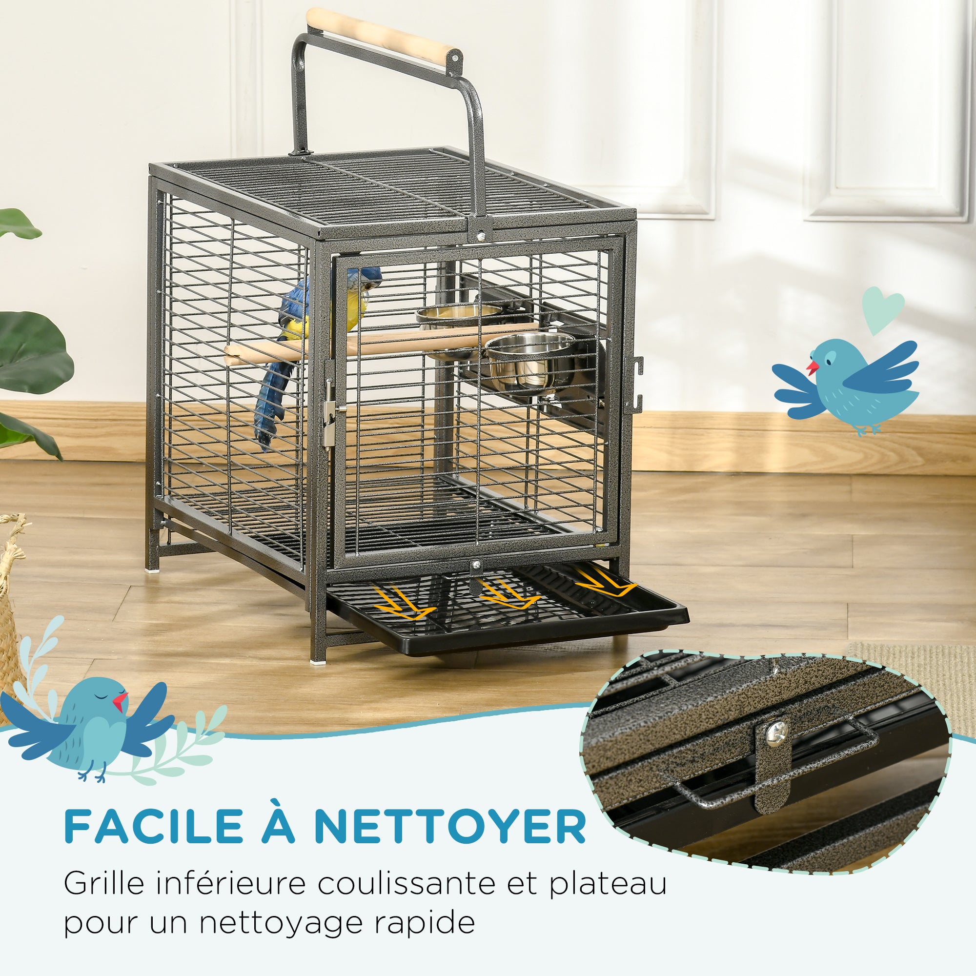 Steel Parrot Transport Cage, Bird Cage with 2 Stainless Steel Bowls, 2 Wooden Perches, Removable Bottom Tray, for Cockatiels, Conures, African Greys, Black